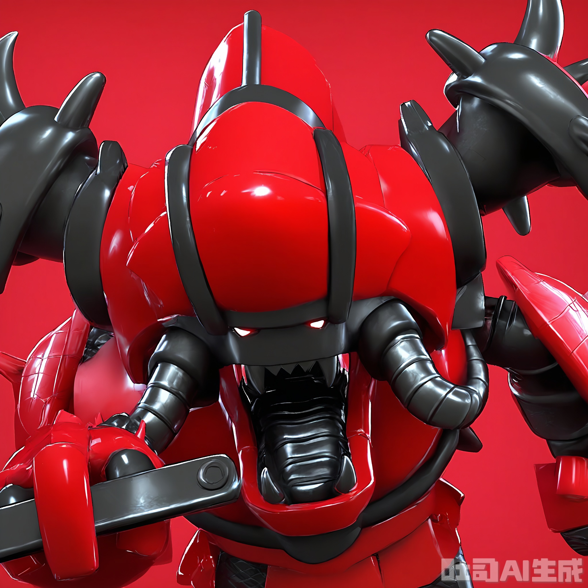 JQR, A 3D CGI render of a fierce, anthropomorphic iron robot with a red and black color scheme. It's set against a deep red background. The robot has a angular, horned head with two large, red eyes and a small, black mouth with sharp teeth. Its body is covered in black spikes and has a large, red sword. It has two strong, black iron arms with red gauntlets. The intense red background makes it look like a fearsome warrior.