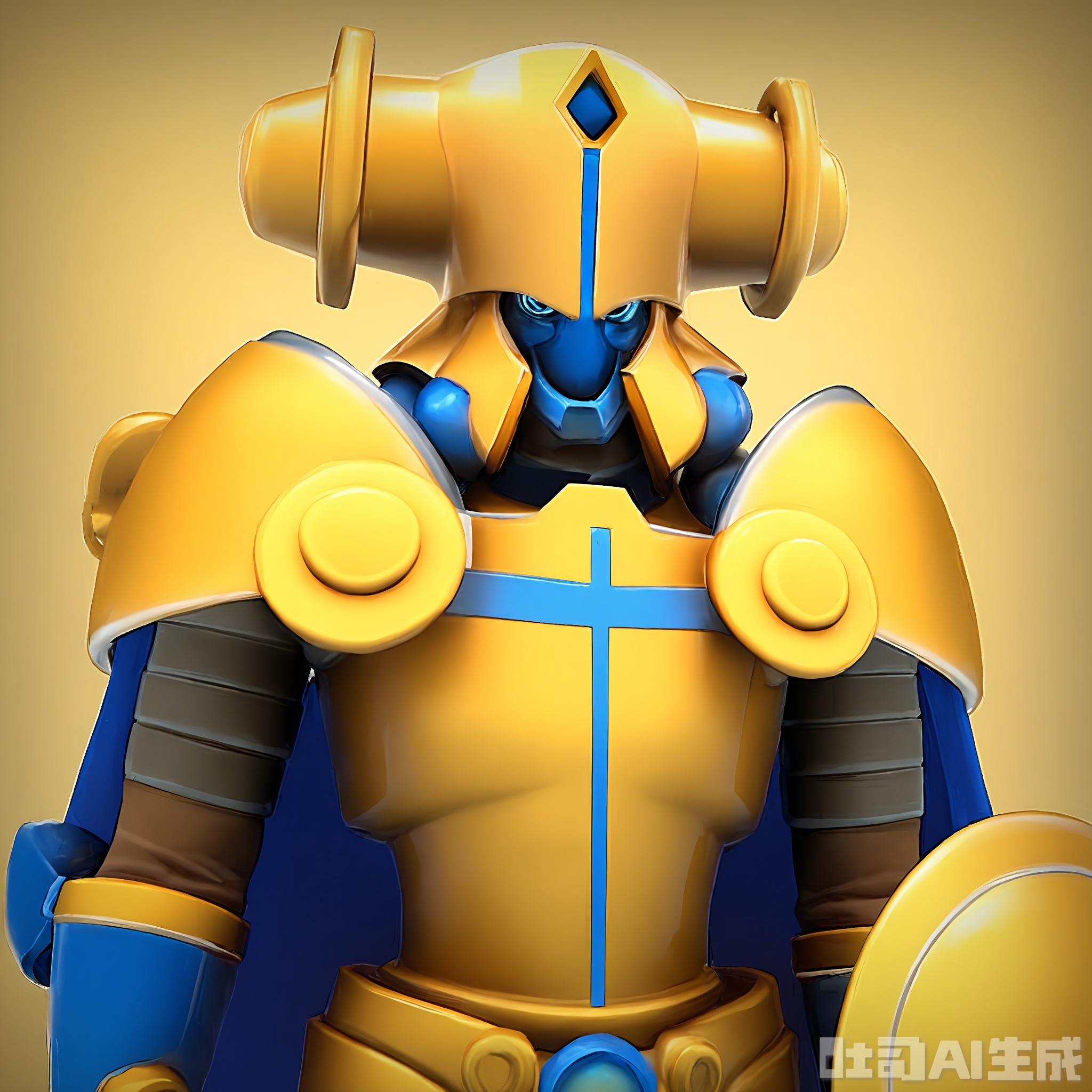 JQR, A 3D CGI render of a heroic, anthropomorphic iron robot with a blue and gold color scheme. It's set against a bright gold background. The robot has a shield-like head with a large, blue eye in the center and a small, gold crest. Its body is covered in gold armor and has a large, blue cape. It has two strong, gold iron arms with blue gauntlets. The radiant gold background makes it look like a noble and brave hero.

