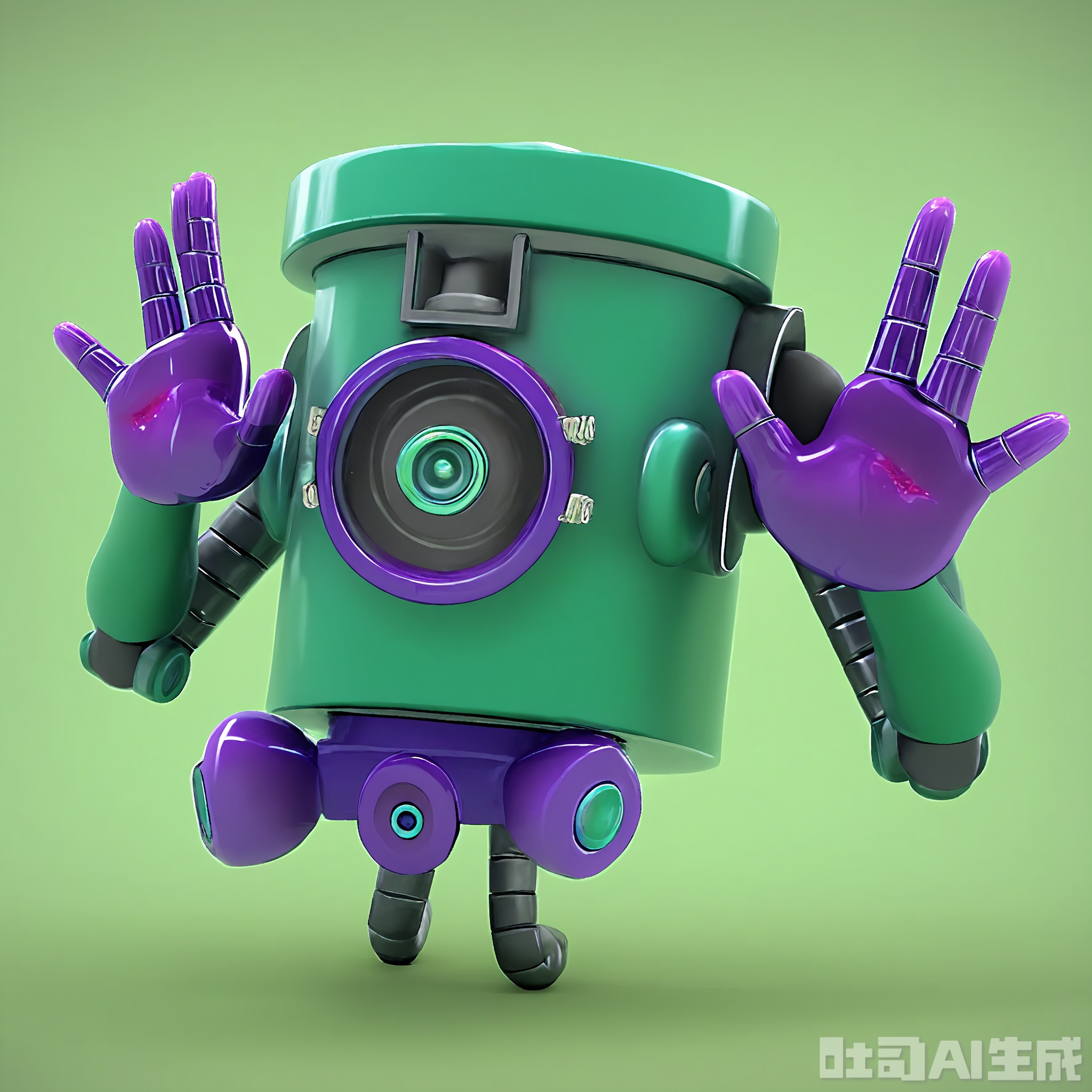 JQR, A 3D CGI render of a quirky, anthropomorphic iron robot with a purple and green color scheme. It's set against a light mint green background. The robot has a boxy head with two large, green eyes that seem to pop out and a small, purple mouth that's always in a surprised expression. Its body is covered in small, purple gears that rotate slowly. It has two short, green iron arms with suction cups on the palms. The light green background gives it a fun and quirky feel