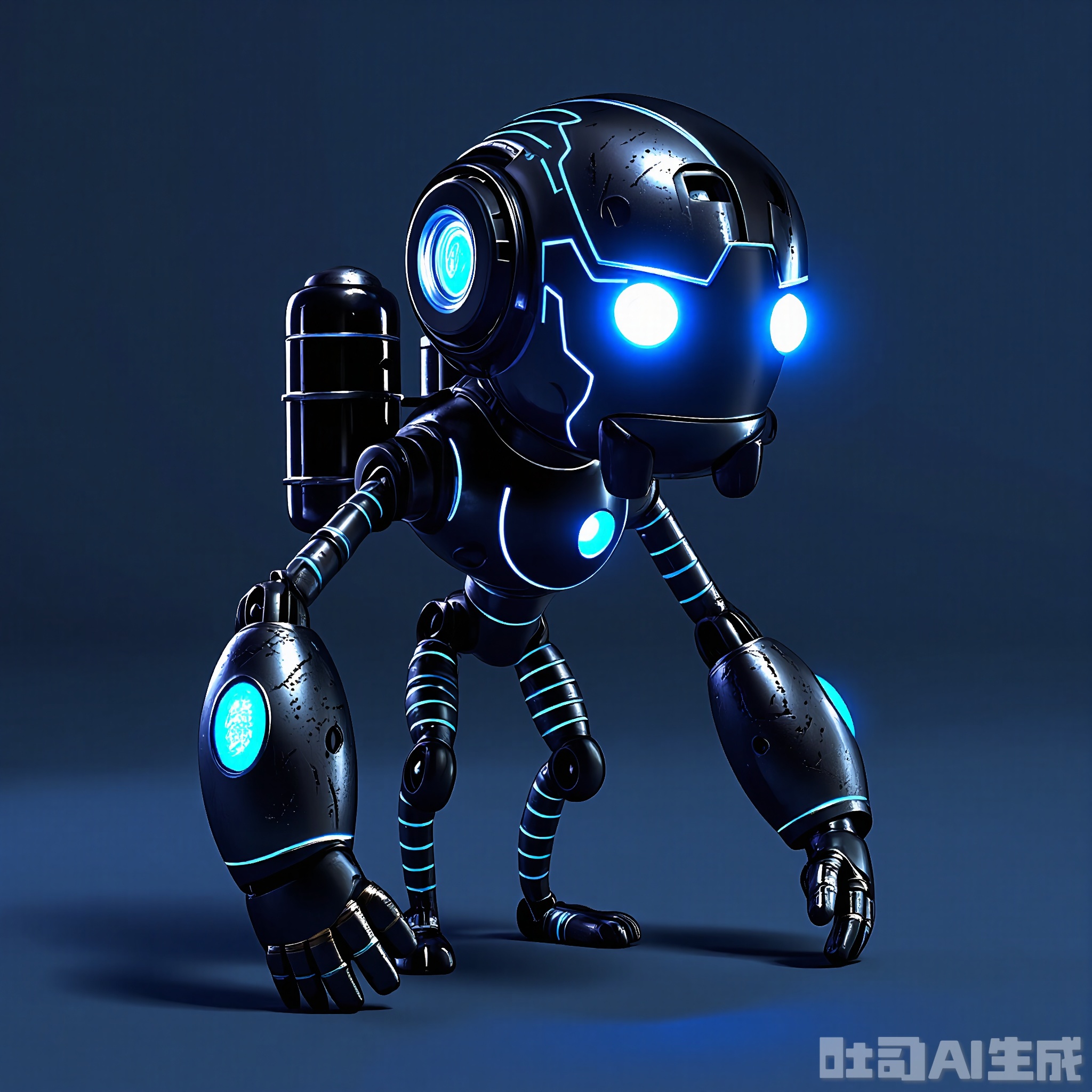 JQR, A 3D CGI visualization of a futuristic, anthropomorphic iron robot with a neon blue and black color scheme. It's placed against a dark blue background. The robot has a sleek, helmet-like head with two glowing neon blue eyes and a small, black visor. Its body is covered in neon blue lines and has a black jetpack on its back. It has two long, black iron arms with neon blue thrusters. The dark blue background enhances its high-tech and space-age look.
