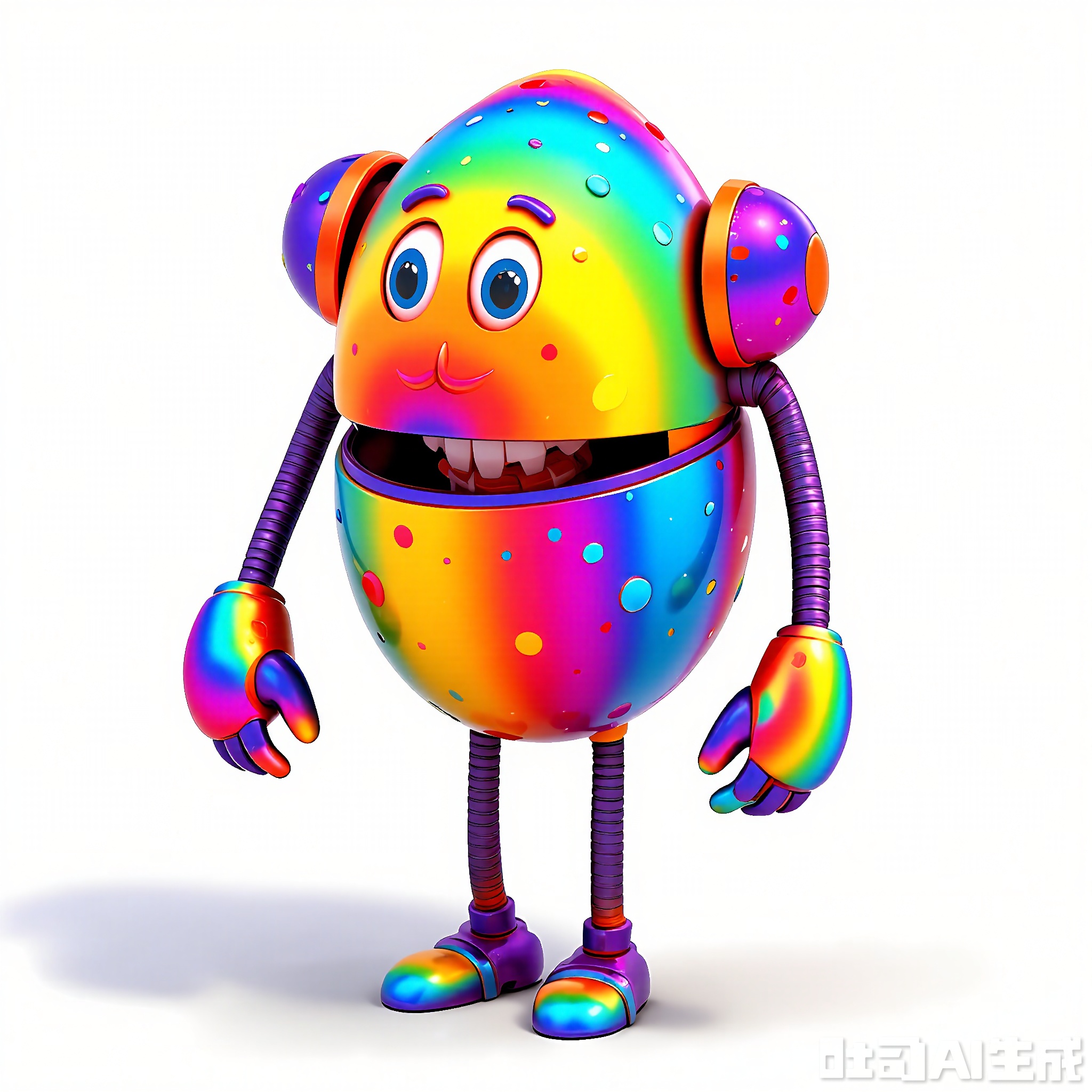 JQR, A 3D CGI visualization of a playful, anthropomorphic iron robot with a rainbow color scheme. It's placed against a white background. The robot has a round, multi-colored head with eyes that change color and a big, rainbow smile. Its body is covered in small, rainbow-colored dots. It has two short, rainbow iron arms that can spin around. The clean white background makes its vibrant colors stand out even more.