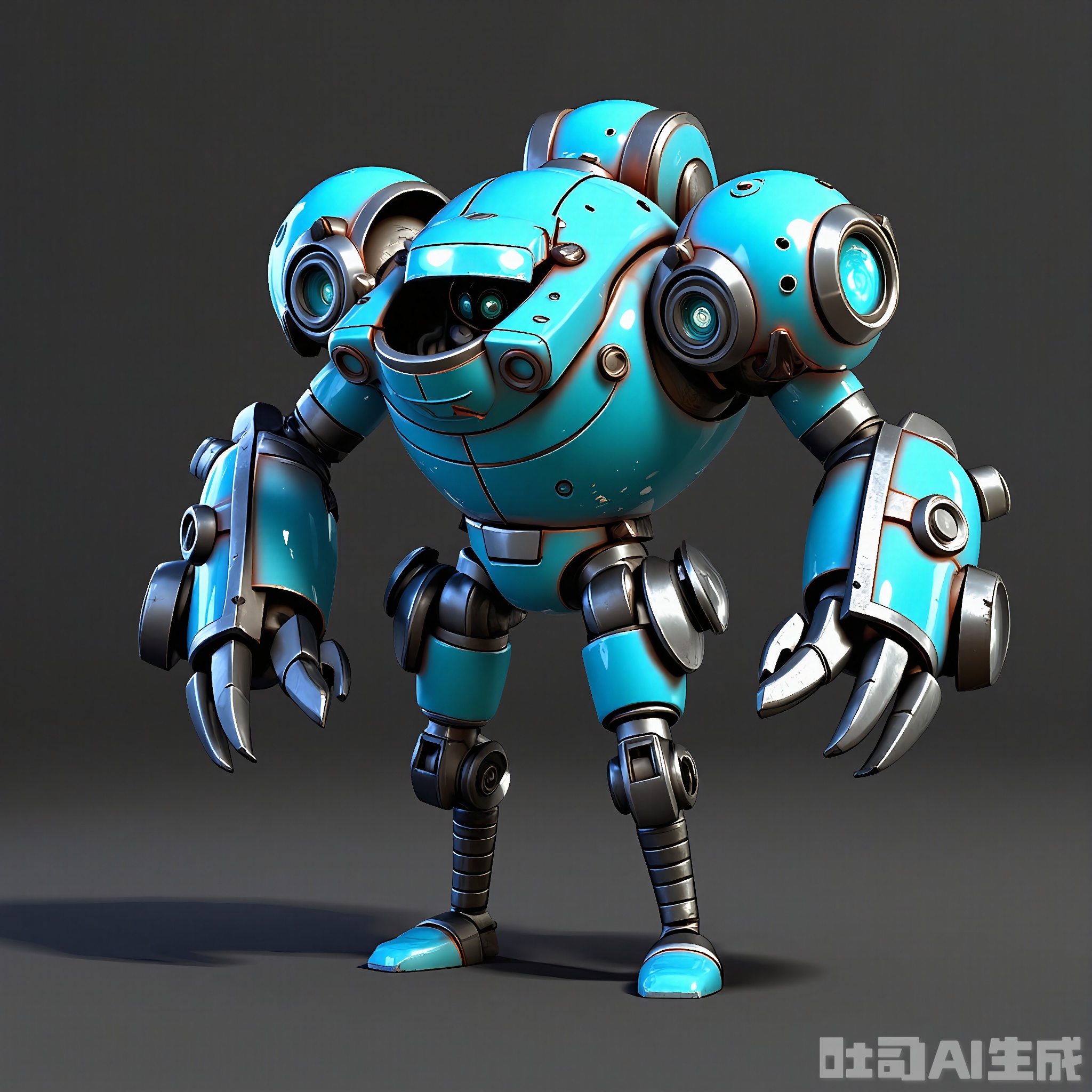 JQR, A 3D CGI visualization of a cool, anthropomorphic iron robot with a cyan and gray color scheme. It's placed against a dark gray background. The robot has a angular head with two glowing cyan eyes and a small, gray visor. Its body is covered in a series of small, cyan panels that light up. It has two long, gray iron arms with retractable blades. The dark gray background gives it a stealthy and high-tech look.