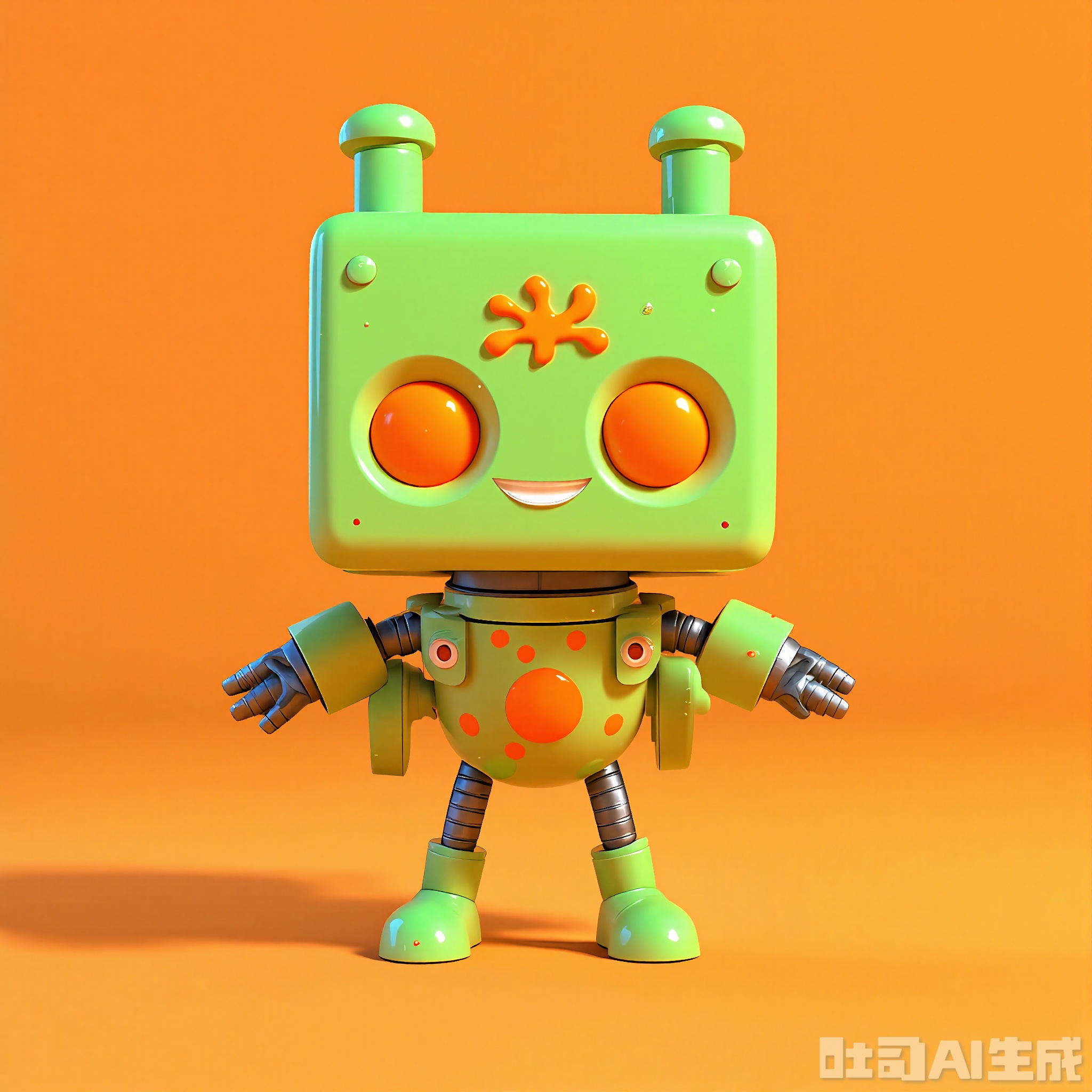 JQR, A 3D CGI illustration of a quirky, anthropomorphic iron robot with a lime green and orange color scheme. It stands against a pale orange background. The robot has a boxy head with two large, orange eyes that seem to wink and a small, lime green antenna that bends. Its body is covered in small, orange polka dots and has a lime green backpack. It has two short, lime green iron arms that can shoot out confetti. The cheerful orange background gives it a fun and festive look.
