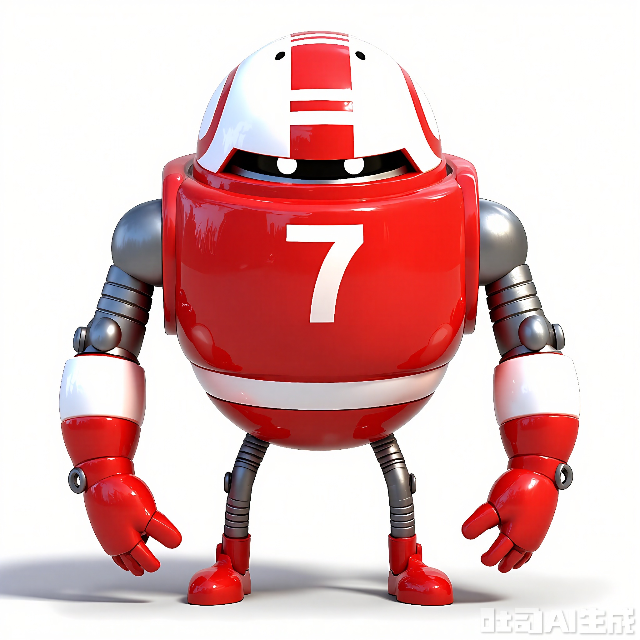 JQR, A 3D CGI render of a sporty, anthropomorphic iron robot with a red and white color scheme. It's set against a bright white background. The robot has a helmet-like head with a red stripe and two small, white eyes. Its body is shaped like a athlete's torso with a red number "7" on the front. It has two strong, white iron arms with red gloves. The crisp white background makes it look ready for action.
