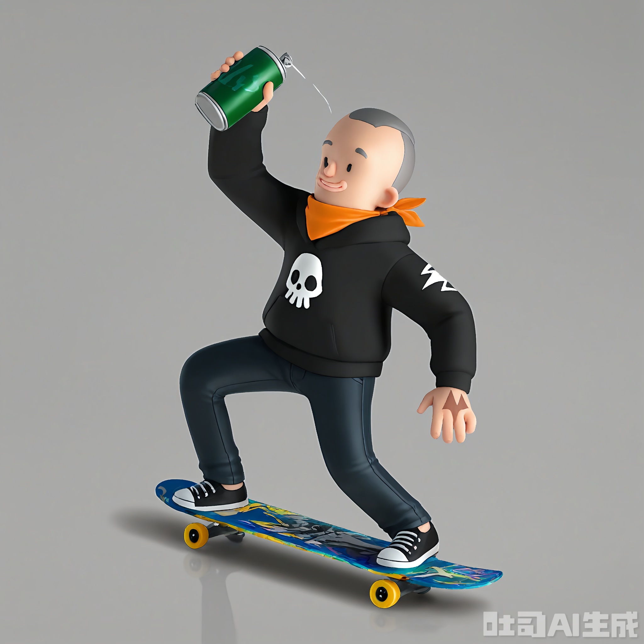 GGXR, A digital 3D cartoon character with a shaved head with a lightning bolt tattoo, wearing a black hoodie with a skull print, baggy black jeans, and black sneakers, holding a skateboard in one hand and a can of spray paint in the other, looking cool and doing a kickflip motion with the free hand. The character has a bandana around the neck. The background is a gritty, solid concrete gray color. The character has a skateboarding and streetwise stance.
