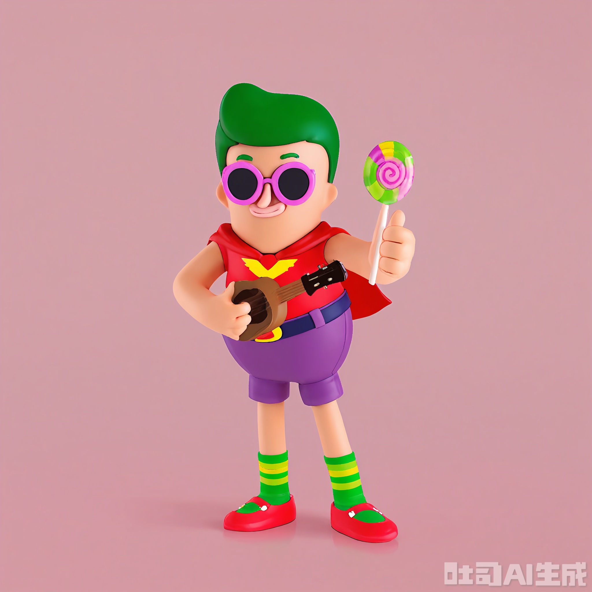 GGXR, A digital 3D cartoon character with spiky green hair, wearing a bright red superhero cape, purple shorts, and mismatched yellow and green socks, holding a giant lollipop in one hand and a tiny ukulele in the other, grinning widely and giving a thumbs-up with the free hand. The character sports large, round pink sunglasses. The background is a vibrant, solid magenta color. The character has a mischievous and lively stance.
