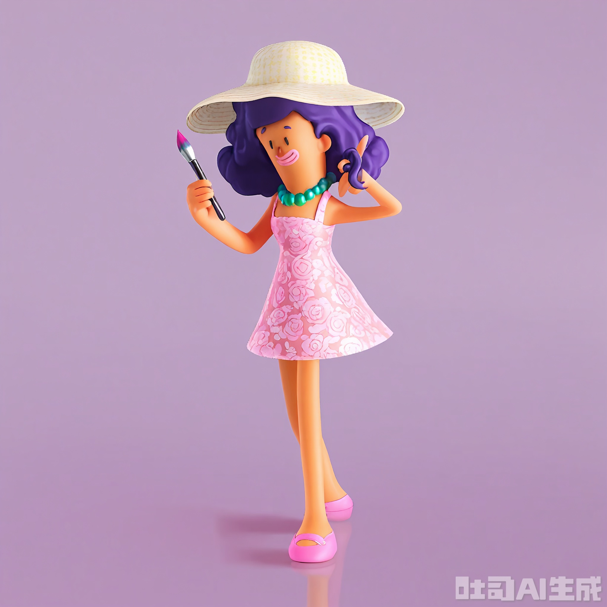 GGXR, A digital 3D cartoon character with a curly afro of bright purple hair, wearing a floral-print sundress, pink ballet flats, and a wide-brimmed sun hat, holding a paintbrush in one hand and a canvas with a colorful abstract painting in the other, smiling dreamily and twirling around with the free hand. The character wears a colorful beaded necklace. The background is a warm, solid coral color. The character has an artistic and whimsical pose.
