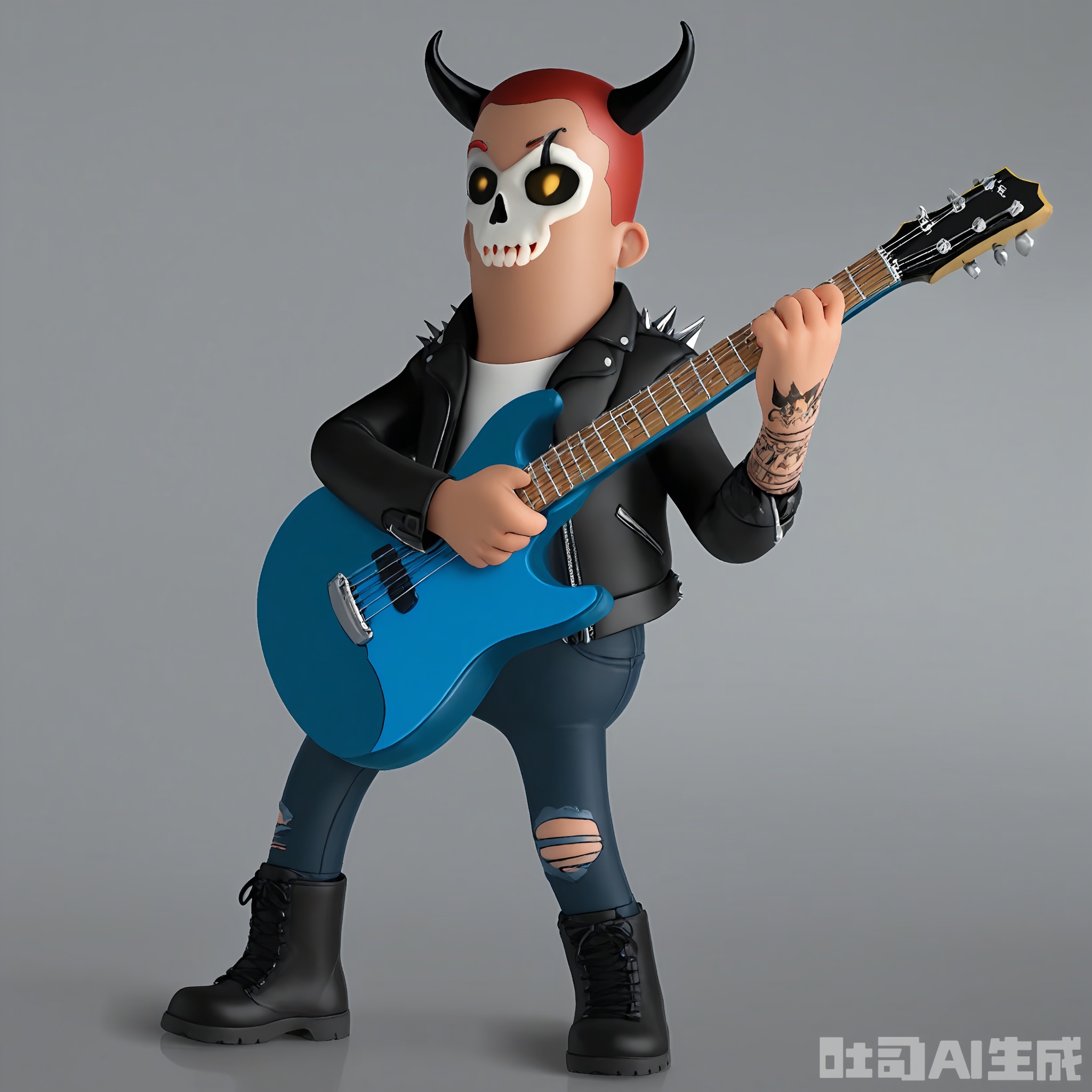 GGXR, A digital 3D cartoon character with a buzz cut of bright red hair, wearing a black leather jacket with spikes, ripped blue jeans, and black combat boots, holding a guitar in one hand and a pick in the other, rocking out with a fierce expression and making devil horns with the free hand. The character has a pierced eyebrow and a tattoo of a skull on the arm. The background is a dark, solid gray color. The character has a rebellious and rock 'n' roll pose.
