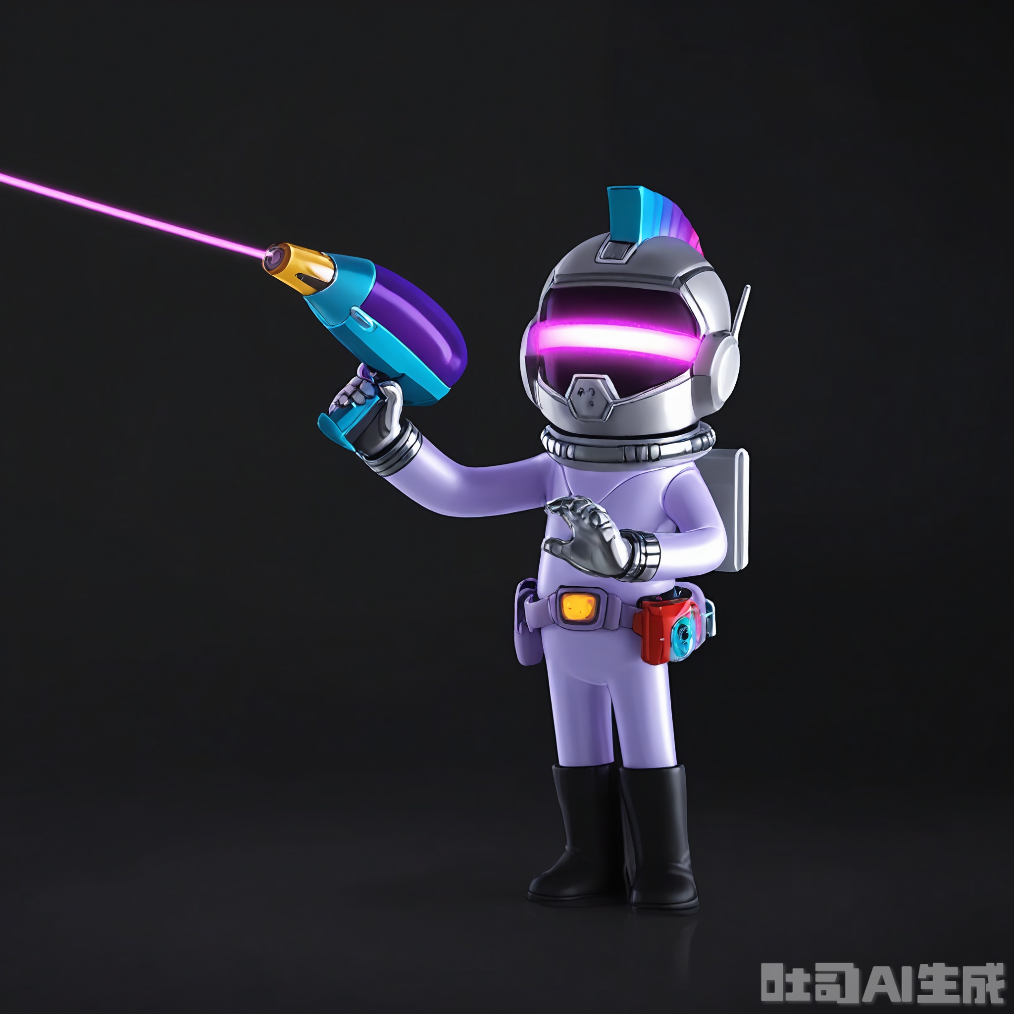 GGXR, A digital 3D cartoon character with a mohawk of rainbow-colored hair, wearing a purple and silver spacesuit with a helmet, black boots with rocket boosters, and a utility belt, holding a laser blaster in one hand and a crystal in the other, looking determined and floating in "space" (in a still image) with the free hand. The character has a glowing visor on the helmet. The background is a deep, solid black color with stars and galaxies. The character has a sci-fi and adventurous stance.
