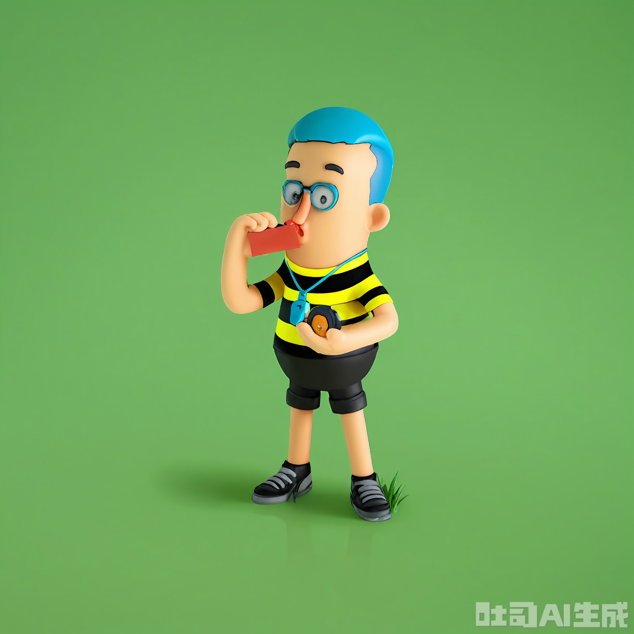 GGXR, A digital 3D cartoon character with a crew cut of bright blue hair, wearing a yellow and black striped referee shirt, black shorts, and black sneakers, holding a whistle in one hand and a red card in the other, looking stern and blowing the whistle with the free hand. The character has a stopwatch around the neck. The background is a bright, solid grass green color. The character has a sports and official pose.
