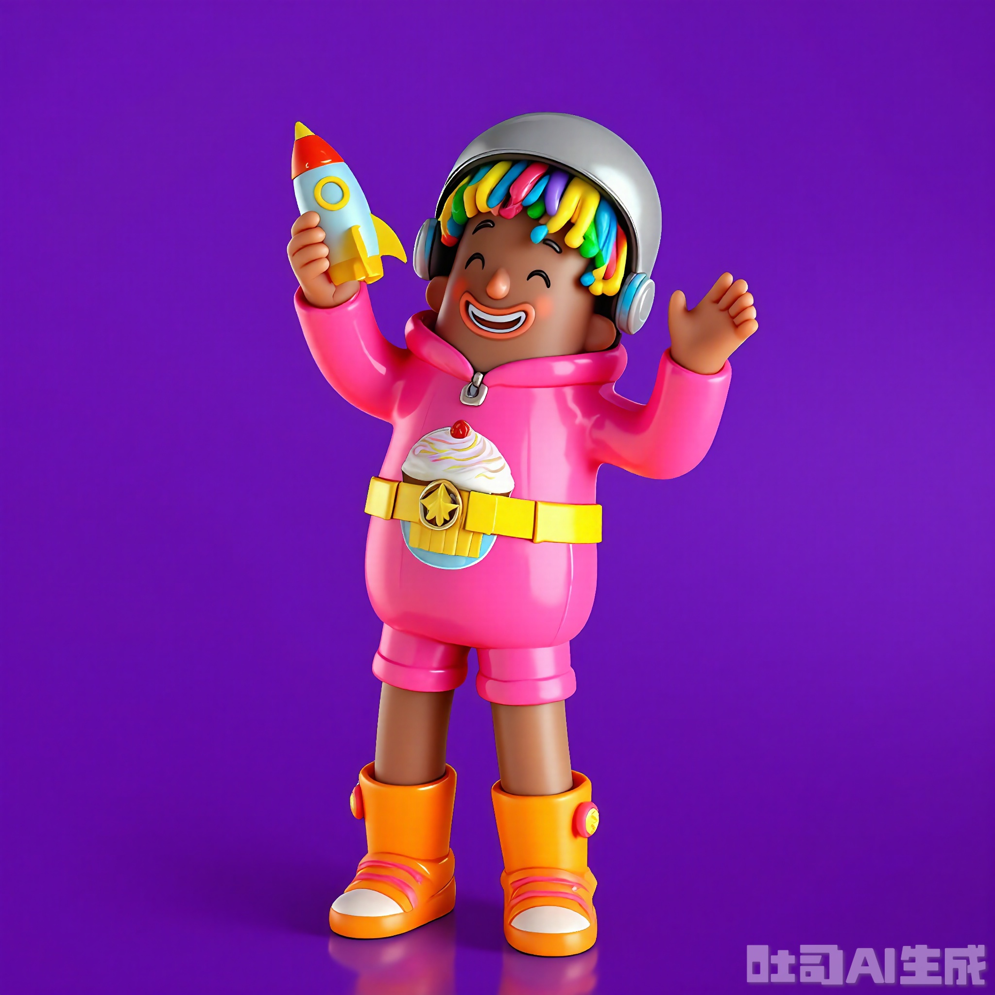 GGXR, A digital 3D cartoon character with wild, rainbow-colored dreadlocks, donning a neon pink onesie with a giant cupcake print, orange sneakers with flashing lights, and a silver space helmet, clutching a toy rocket in one hand and a bubble wand in the other, laughing heartily and waving enthusiastically with the remaining hand. The character wears a bright yellow belt with a buckle shaped like a star. The background is a deep, solid purple color. The character has an exuberant and spacey pose.
