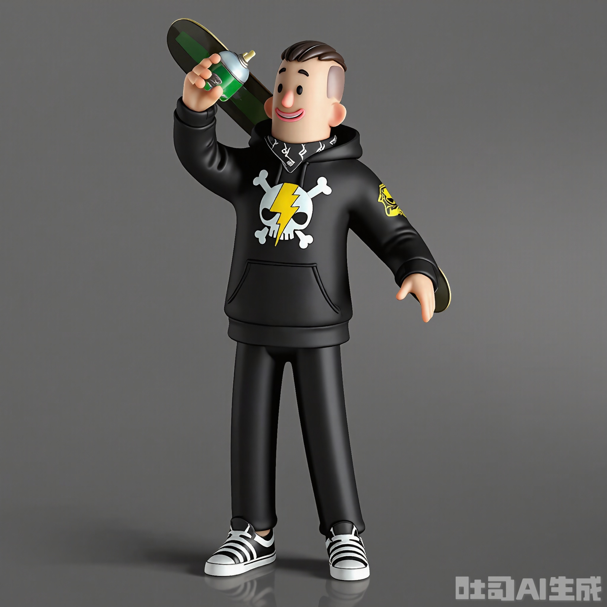 GGXR, A digital 3D cartoon character with a shaved head with a lightning bolt tattoo, wearing a black hoodie with a skull print, baggy black jeans, and black sneakers, holding a skateboard in one hand and a can of spray paint in the other, looking cool and doing a kickflip motion with the free hand. The character has a bandana around the neck. The background is a gritty, solid concrete gray color. The character has a skateboarding and streetwise stance.
