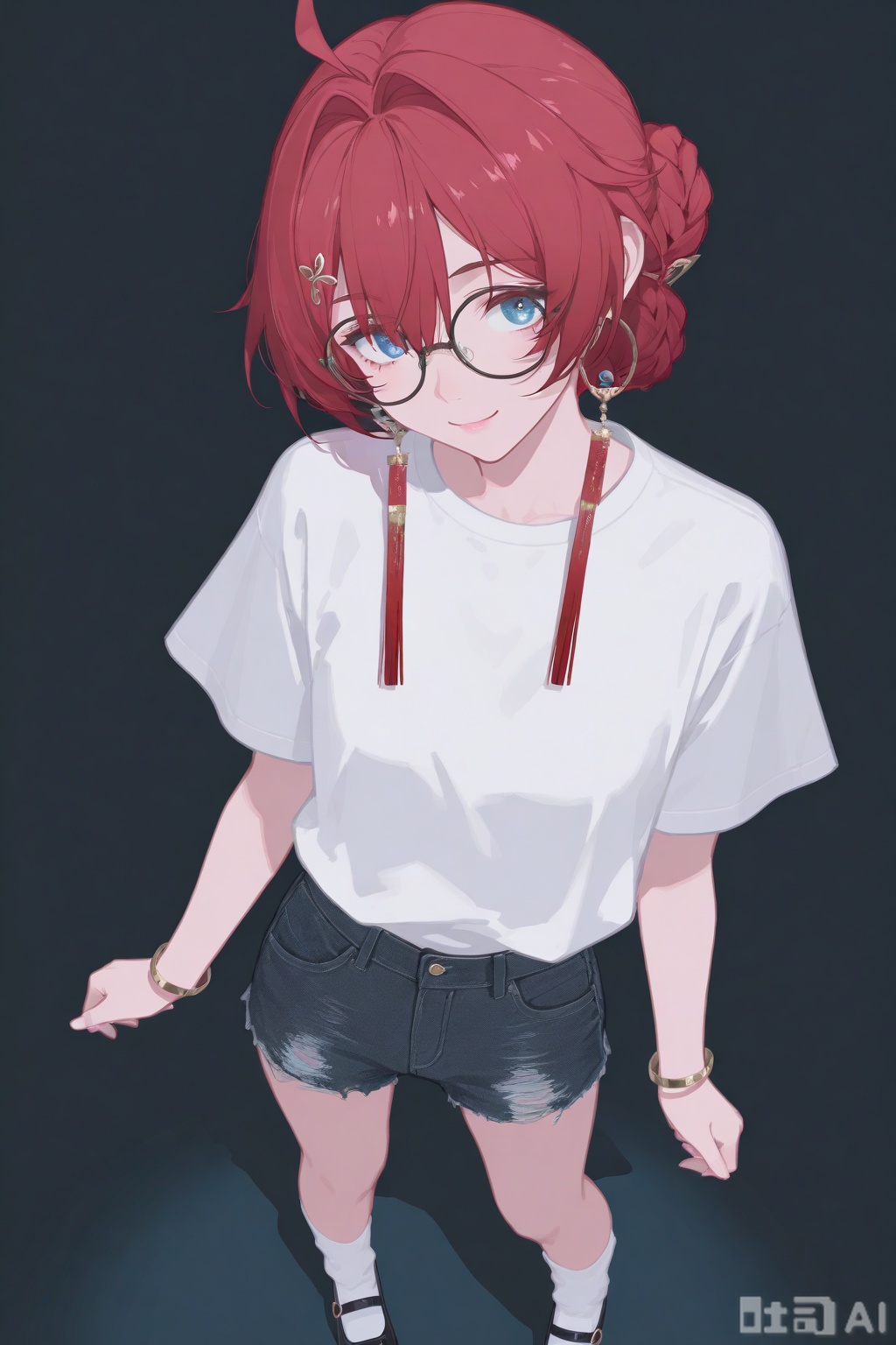 masterpiece,best quality,amazing quality,newest,absurdres,highres,very awa,danjin,danjin\(wuthering waves\),solo,1girl,white shirt,short sleeves,braid buns,earrings,red hair,black round glasses, emotionless,official_art,denim_shorts,rim lighting,side,light,simple_background,cute,full_body,standing,white short socks,black mary_janes,blue eyes,bracelet,smile,