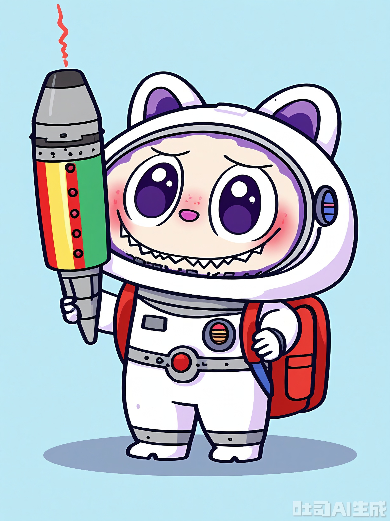 LBBK, Digital artwork of a curious, cartoonish Labubu astronaut, standing against a deep-space-blue background. The Labubu holds a space helmet in its left paw and a small model rocket at its side. It wears a spacesuit with a backpack, its Labubu ears visible. The Labubu has a pale-blue face with light-purple blush and an excited, wide-eyed look. The style is whimsical and cosmic, with thick strokes and a restricted color palette.

