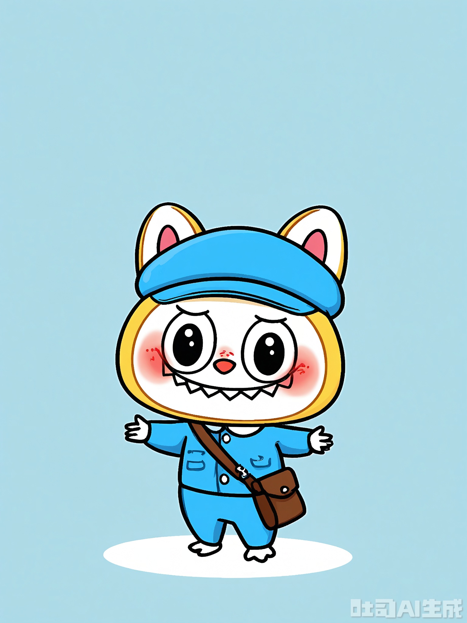LBBK, Digital artwork of a friendly, cartoonish Labubu postman, standing in front of a sky-blue background. The Labubu holds a stack of letters in its left paw and a small mailbag at its side. It sports a blue uniform with a cap, its Labubu ears visible. The Labubu has a light-yellow face with pink blush and a warm, welcoming smile. The style is playful and inviting, with thick lines and a minimal color palette.