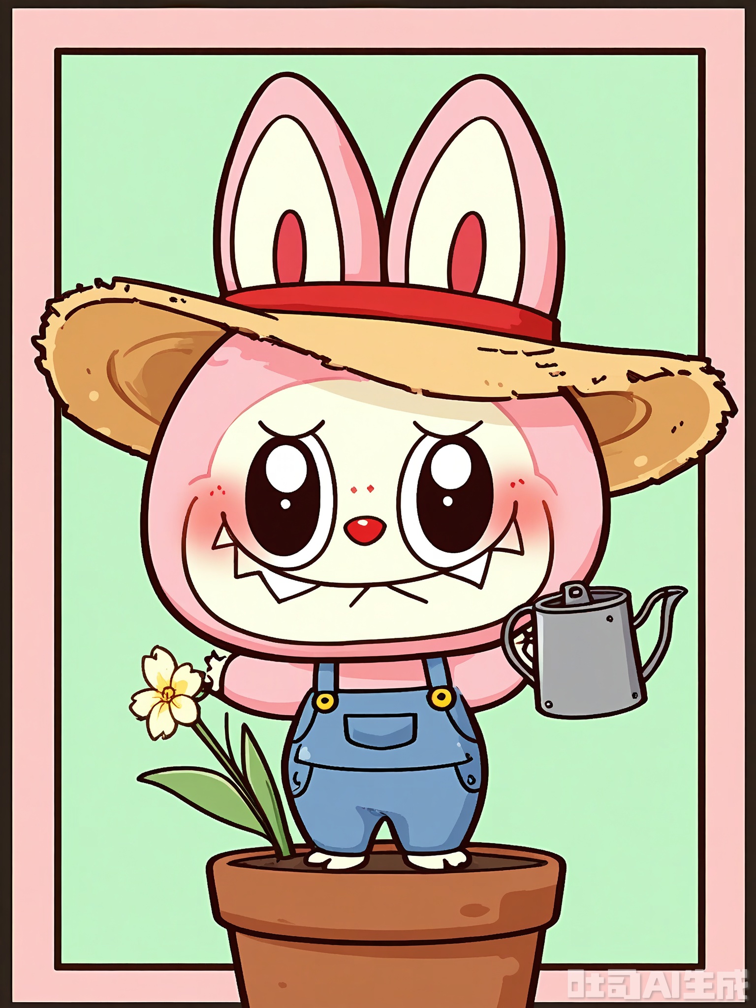 LBBK, Digital illustration of a joyful, cartoonish Labubu gardener, standing against a soft-green background. The Labubu holds a watering can in its right paw and a small flower pot at its side. It wears overalls with a straw hat, its Labubu ears sticking out. The Labubu has a light-yellow face with pink blush and a happy, blooming smile. The art is playful and fresh, with thick borders and a limited color selection.
