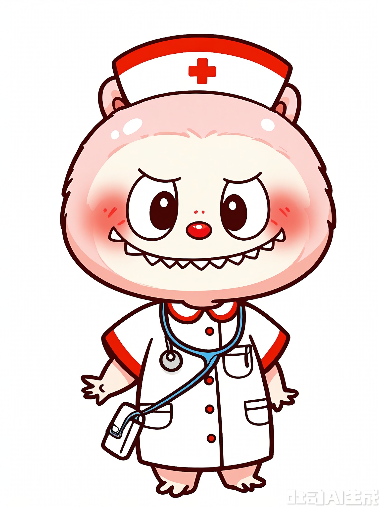 LBBK, Digital illustration of a gentle, cartoonish Labubu nurse, standing in front of a soft-white background. The Labubu holds a stethoscope in its right paw and a small medical bag at its side. It wears a white nurse's uniform with a cap, its Labubu ears sticking out. The Labubu has a pale-pink face with light-red blush and a kind, caring smile. The art is playful and soothing, with thick strokes and a restricted color scheme.