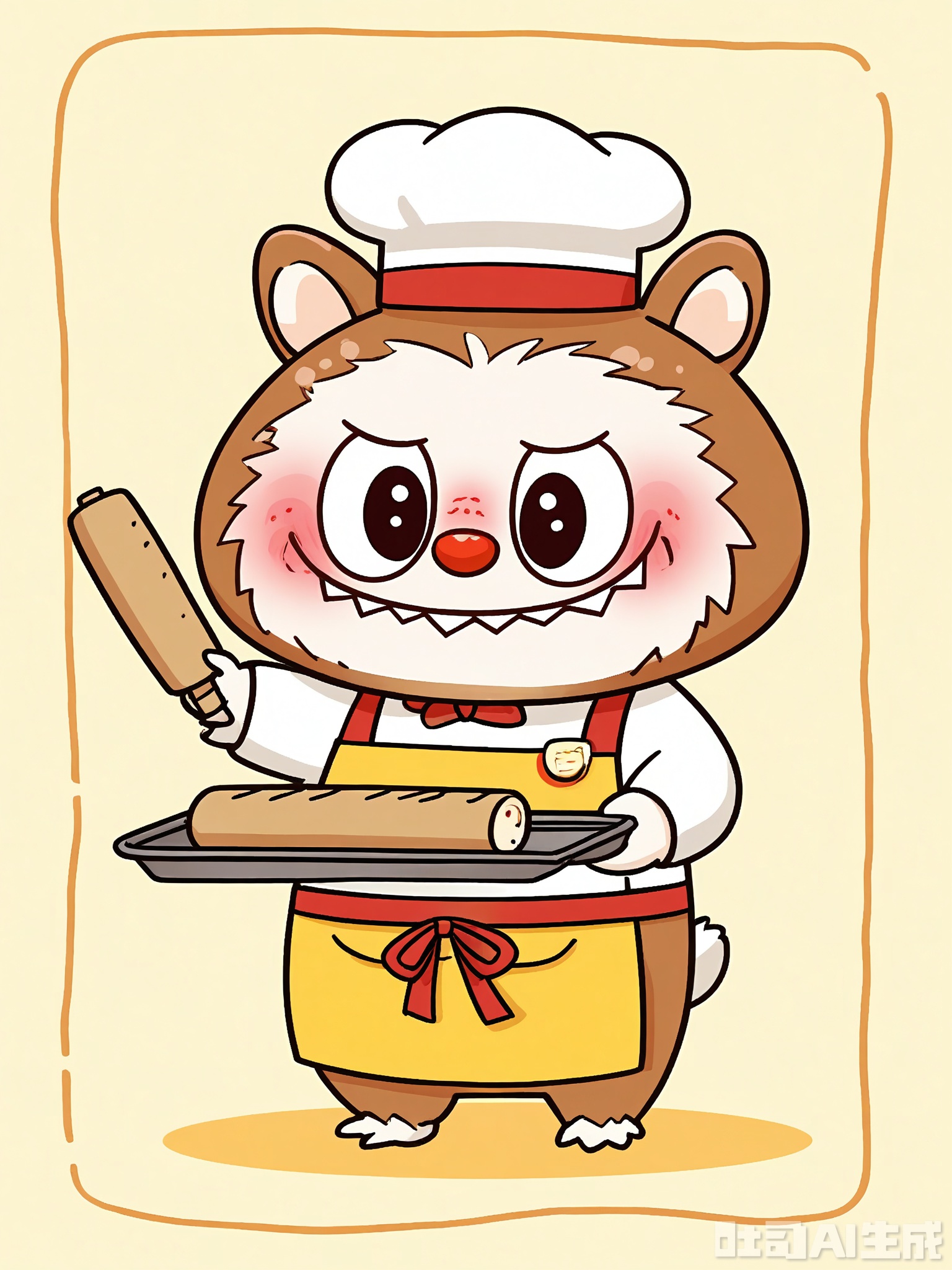 LBBK, Digital depiction of a friendly, cartoonish Labubu baker, standing in front of a warm-yellow background. The Labubu holds a rolling pin in its right paw and a small tray of cookies at its side. It dons an apron with a chef's hat, its Labubu ears sticking out. The Labubu has a light-brown face with pink blush and a sweet, inviting smile. The art is lively and delicious, with bold lines and a minimal color range.
