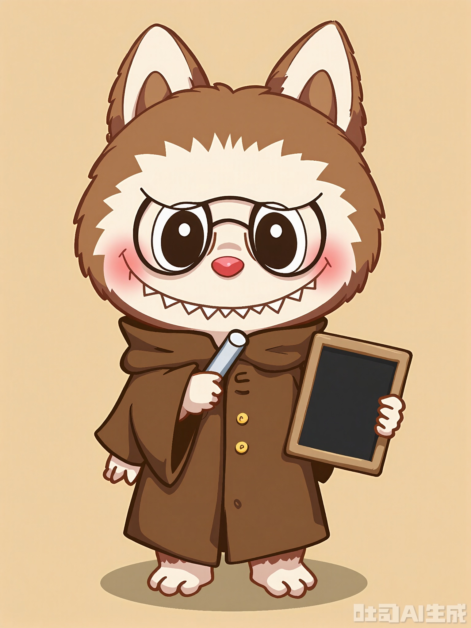 LBBK, Digital depiction of a wise, cartoonish Labubu teacher, standing against a light-brown background. The Labubu holds a chalk in its right paw and a small blackboard at its side. It wears glasses and a robe, its Labubu ears sticking out. The Labubu has a beige face with light-brown blush and a serious, thoughtful look. The art is whimsical and educational, with strong outlines and a simple color range.
