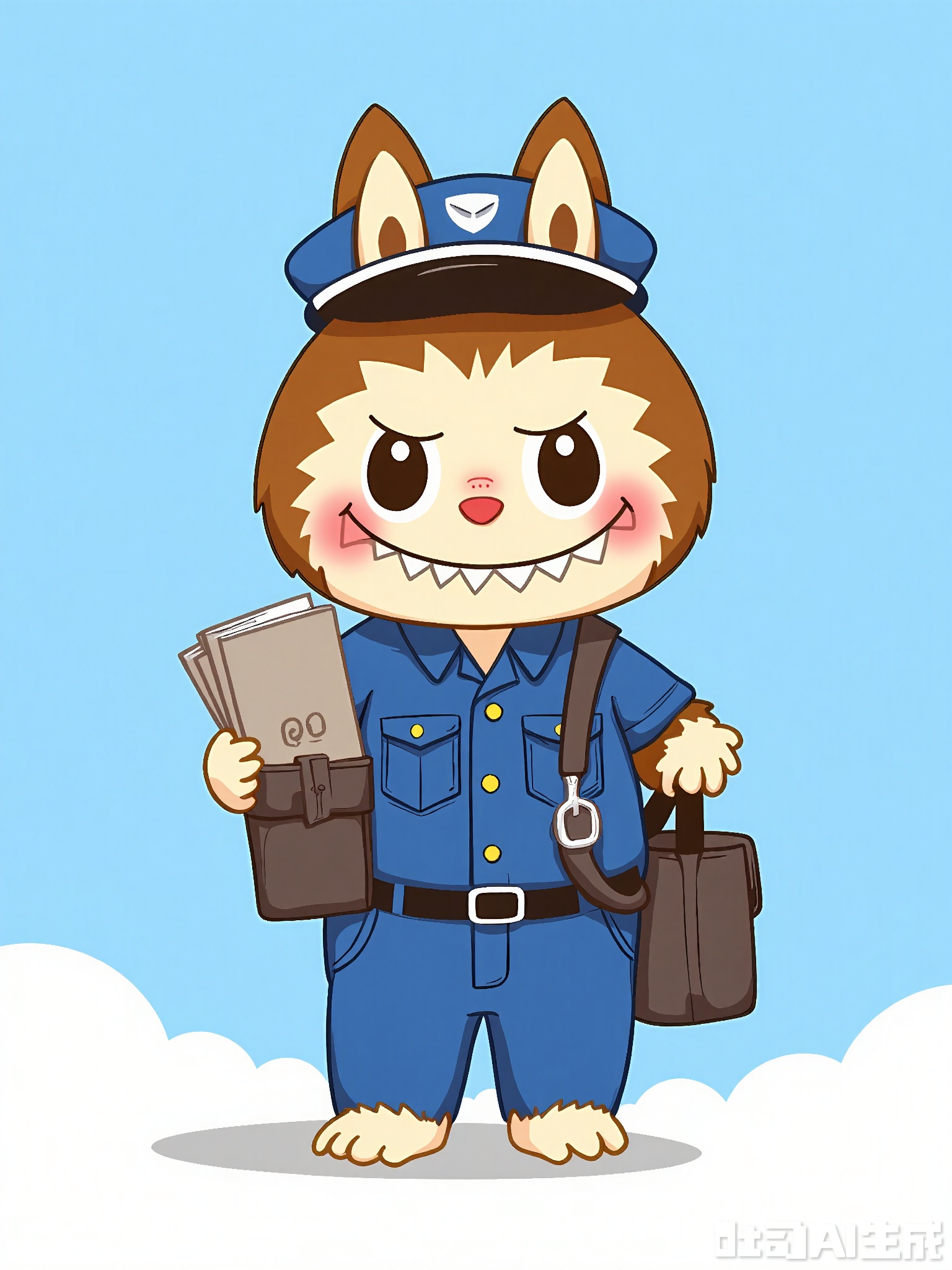 LBBK, Digital artwork of a friendly, cartoonish Labubu postman, standing in front of a sky-blue background. The Labubu holds a stack of letters in its left paw and a small mailbag at its side. It sports a blue uniform with a cap, its Labubu ears visible. The Labubu has a light-yellow face with pink blush and a warm, welcoming smile. The style is playful and inviting, with thick lines and a minimal color palette.
