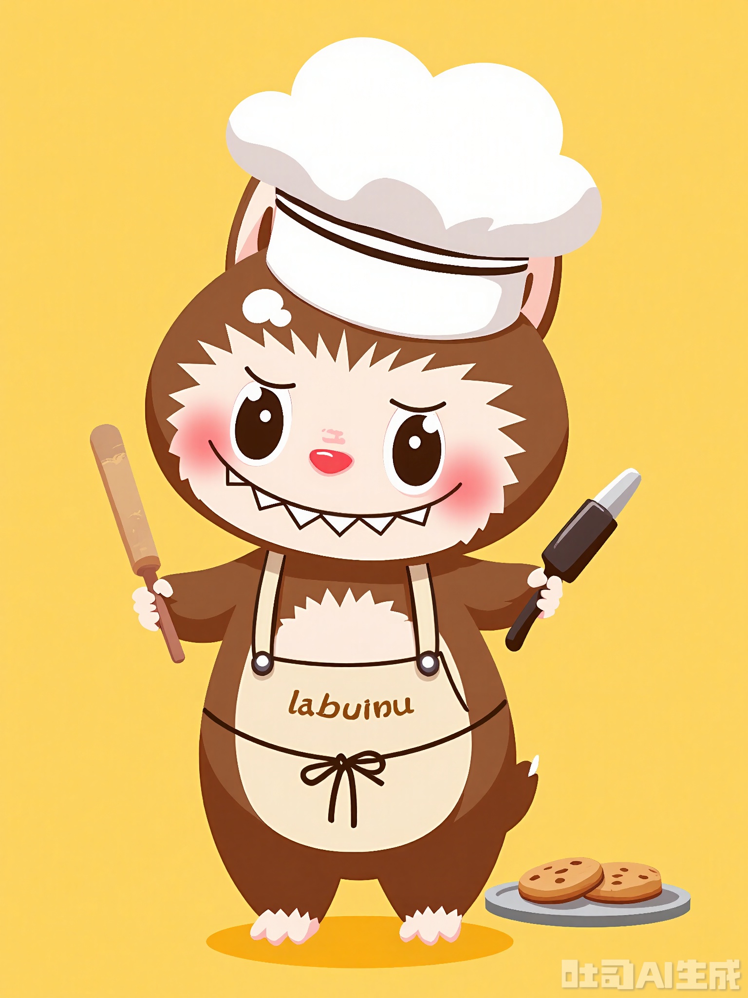 LBBK, Digital depiction of a friendly, cartoonish Labubu baker, standing in front of a warm-yellow background. The Labubu holds a rolling pin in its right paw and a small tray of cookies at its side. It dons an apron with a chef's hat, its Labubu ears sticking out. The Labubu has a light-brown face with pink blush and a sweet, inviting smile. The art is lively and delicious, with bold lines and a minimal color range.
