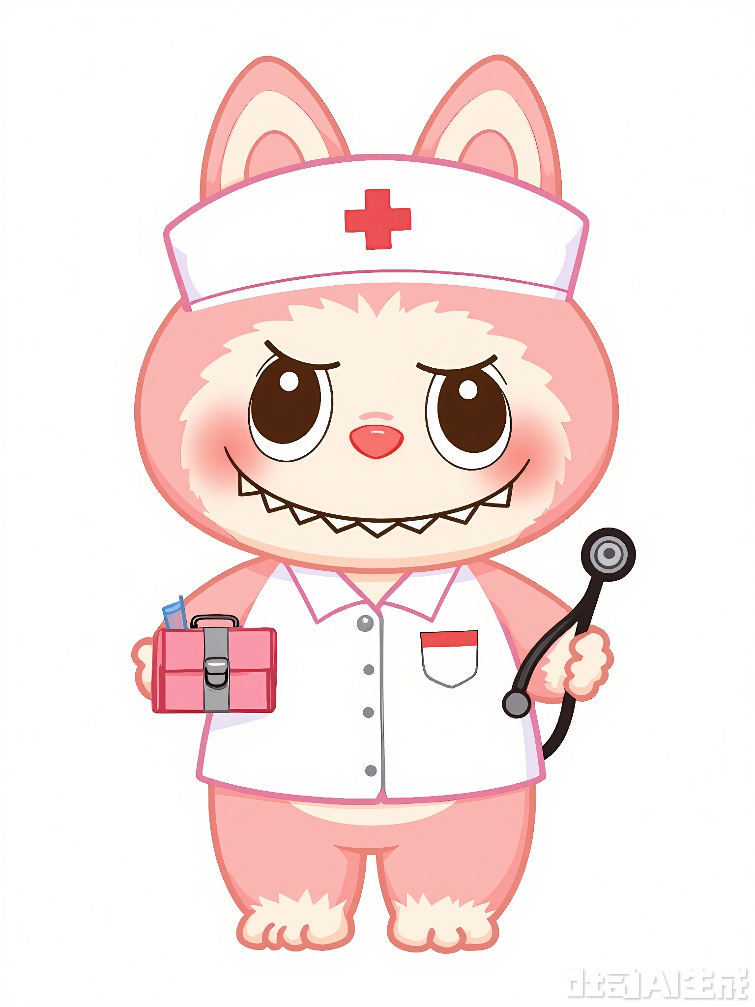 LBBK, Digital illustration of a gentle, cartoonish Labubu nurse, standing in front of a soft-white background. The Labubu holds a stethoscope in its right paw and a small medical bag at its side. It wears a white nurse's uniform with a cap, its Labubu ears sticking out. The Labubu has a pale-pink face with light-red blush and a kind, caring smile. The art is playful and soothing, with thick strokes and a restricted color scheme.

