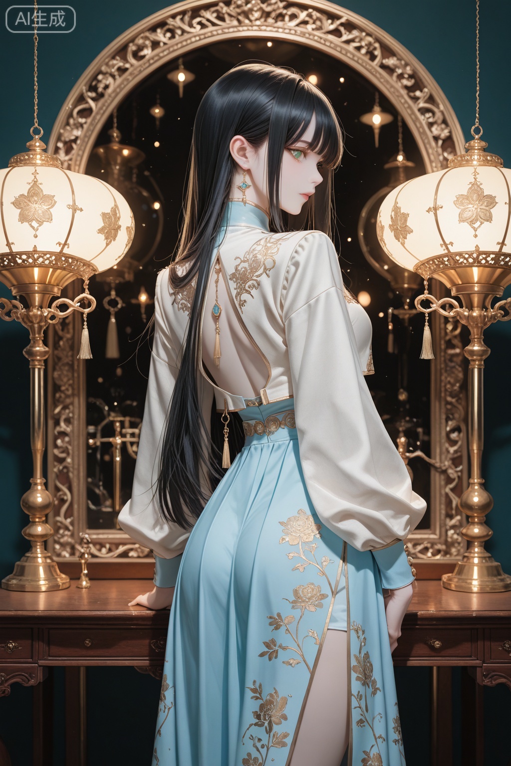 A regal and poised woman stands beneath golden chandeliers,adorned in an exquisite light blue ensemble with golden embroidery. The structured jacket hugs her figure with tailored elegance,opening in a deep V that hints at confidence without excess. The intricate floral patterns in soft gold thread shimmer subtly across the fabric,adding layers of detail and refinement. A high collar frames her graceful neck,while the split skirt reveals just enough of her legs to balance allure with decorum. Her long black hair is perfectly styled,cascading in elegant waves down her back,complementing her luminous pale skin. Her green eyes,vibrant and intense,hold quiet command and measured charm. She is both noble and enigmatic — the embodiment of quiet power and elite elegance,impossible to ignore in any gathering of importance.,