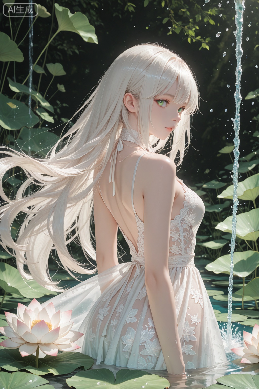 Beautiful girl with beige and white flying hair wearing soft and delicate white lace( clear texture)dress stands among many(Faintly transparent)Huge white lotus with(light green transparent)Sideways between lotus leaves,look back,Meticulous watercolor painting water splash rendering clear texture best quality,masterpiece,Extremely complex and exquisitely detailed,ultra-detailed fantasy characters,Ultra-detailed digital art,Overly detailed digital art,