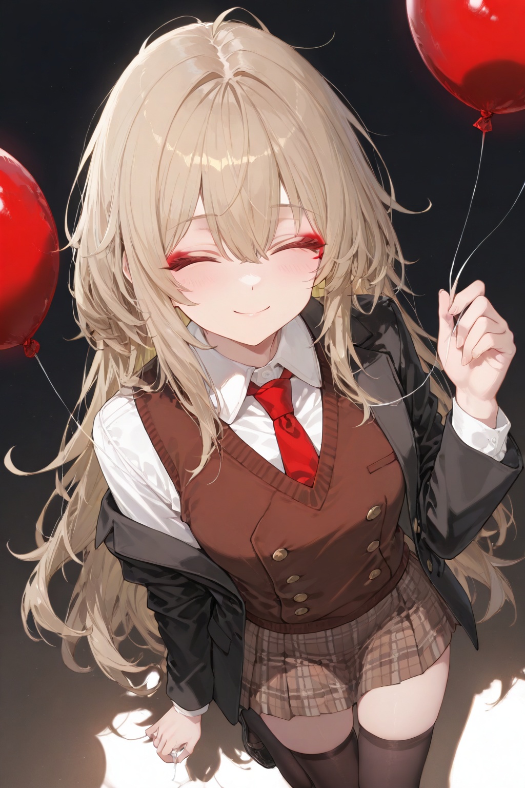 He has a childish face and medium-long light brown hair. He is wearing a black double-breasted suit jacket,  a brown knitt...