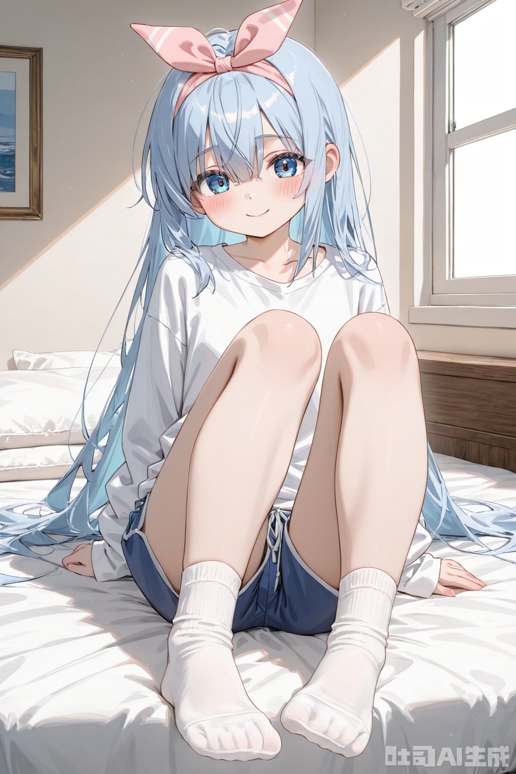 Gentle, shy, high-definition image, masterpiece, highest quality, shirt, window, long hair, safe for work, white shirt, blue shorts, shorts, indoors, 1 girl, sitting, eyebrows visible through hair, solo, blue eyes, blush, looking at viewer, original, bed, blue hair, very long hair, long sleeves, blue eyes, point of view eye contact, hair between eyes, smile, bangs, white shirt, closed mouth, bed, hairband, 1 other, indoors, hairband on head, short pants, white socks, long legs, cute girl, (little feet: 1.5)