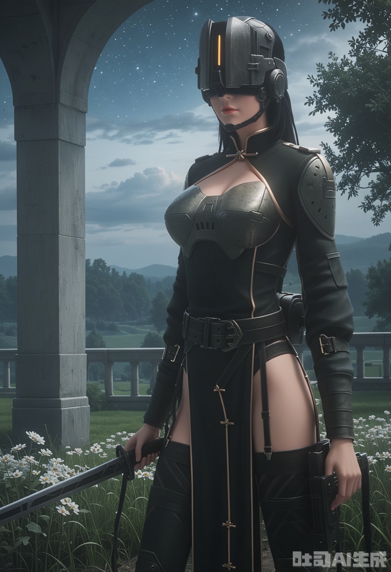 score_9,score_8_up,score_7_up,highly detailed,ultra-high best quality,masterpiece,realistic,ultra-fine painting,extreme detail description,Professional,Vivid Colors,(((extremely detailed CG unity 8k wallpaper))),an extremely delicate and beautiful,official art,sweet and delicate girl,delicate facial features,perfect bright figure,surrounded,Bright,romantic long hair,natural light,warm and sweet,a girl,
fandi,
1girl, solo, breasts, thighhighs, weapon, belt, armor, helmet, head-mounted display, lips, long hair, black hair,long sleeves, ass, pelvic curtain,holster,boots, belt, black thighhighs, black footwear, clothing cutout, thigh boots, garter straps,covered eyes,
(in a meadow:1.3),(night:1.2),(stars:1.3),((perfect legs:1.2)),(large breasts:1.2),
