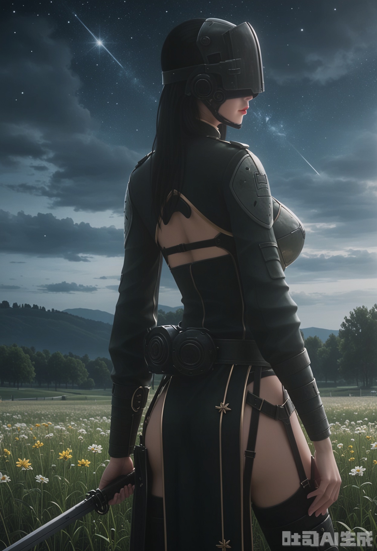 score_9,score_8_up,score_7_up,highly detailed,ultra-high best quality,masterpiece,realistic,ultra-fine painting,extreme detail description,Professional,Vivid Colors,(((extremely detailed CG unity 8k wallpaper))),an extremely delicate and beautiful,official art,sweet and delicate girl,delicate facial features,perfect bright figure,surrounded,Bright,romantic long hair,natural light,warm and sweet,a girl,
fandi,
1girl, solo, breasts, thighhighs, weapon, belt, armor, helmet, head-mounted display, lips, long hair, black hair,long sleeves, ass, pelvic curtain,holster,boots, belt, black thighhighs, black footwear, clothing cutout, thigh boots, garter straps,covered eyes,
(in a meadow:1.3),(night:1.2),(stars:1.3),((perfect legs:1.2)),(large breasts:1.2),
