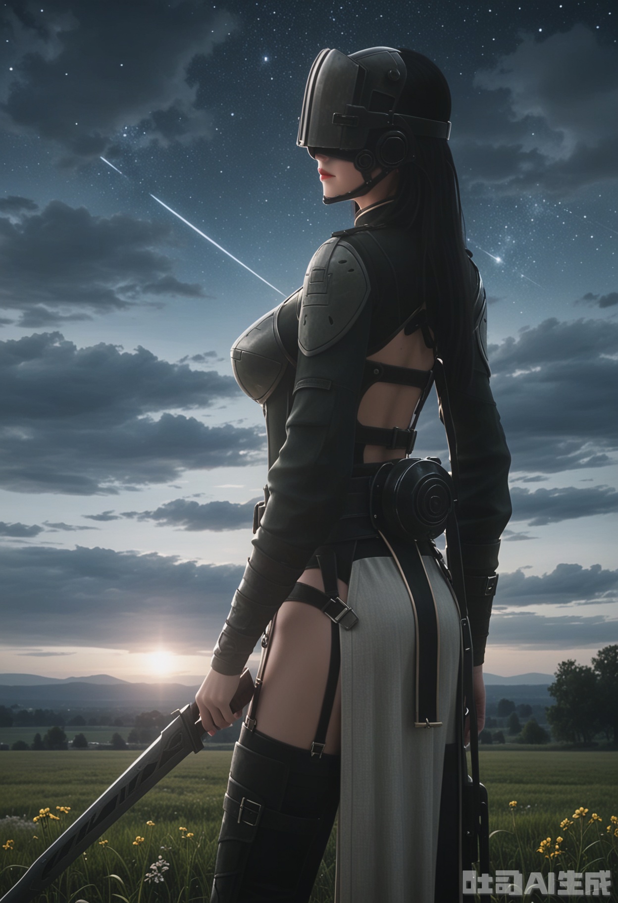 score_9,score_8_up,score_7_up,highly detailed,ultra-high best quality,masterpiece,realistic,ultra-fine painting,extreme detail description,Professional,Vivid Colors,(((extremely detailed CG unity 8k wallpaper))),an extremely delicate and beautiful,official art,sweet and delicate girl,delicate facial features,perfect bright figure,surrounded,Bright,romantic long hair,natural light,warm and sweet,a girl,
fandi,
1girl, solo, breasts, thighhighs, weapon, belt, armor, helmet, head-mounted display, lips, long hair, black hair,long sleeves, ass, pelvic curtain,holster,boots, belt, black thighhighs, black footwear, clothing cutout, thigh boots, garter straps,covered eyes,
(in a meadow:1.3),(night:1.2),(stars:1.3),((perfect legs:1.2)),(large breasts:1.2),
