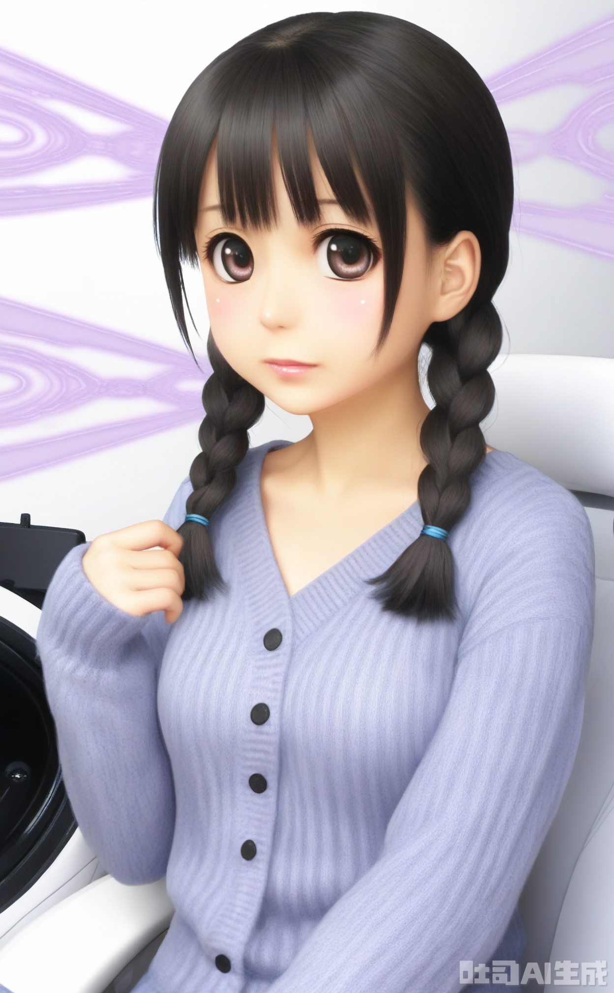 Scene: Simple interior space, pure white walls create a fresh and simple atmosphere, and light purple and black geometric patterns above add a bit of modern artistic sense to the picture. Character: The little girl is combed with two black and shiny braids, with simple blue rope tied to the ends. Wearing a plain white V-neck cardigan, the fabric is light and breathable, which fits the body and shows her innocence and rusticity. She sat quietly, her eyes clear and bright, and the corners of her lips were pursed, conveying unscrupulous innocence and tranquility, as if she hid all the simple and beautiful things in the world in her eyes. Atmosphere: With a simple and pure environment, it highlights the natural innocence of children, like a quiet short poem, full of freshness and purity. Parameters: 8K resolution, f/2.8 aperture, shutter speed 1/150s, ISO 100, use a 50mm lens, flat viewing angle to restore the realism, reduce 8% saturation to highlight the plainness, add 10% soft focus effect to enhance the soft atmosphere, retain the delicate texture of hair and clothing.
