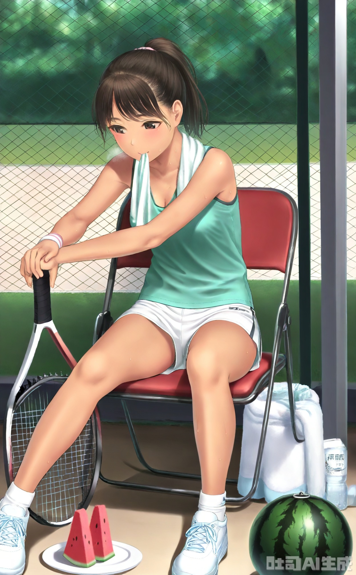 Scene: On a summer afternoon tennis court, the hot sun shines the ground hot, and the net twists slightly in the heat wave. There are folding chairs under the parasol on the side of the field, with white towels on the chair, and sliced ​​watermelon and chilled soda on the small table next to it. There was no one in the stands in the distance, only the cicadas were chirping one after another.​Character: The girl in a mint green sleeveless sweatshirt and white sports shorts leaning lazily on the folding chair. She took off her pink tennis cap, wiped the sweat from her forehead with a towel, and held a piece of watermelon in her left hand, biting the bright red flesh, and the juice flowed down the corners of her mouth. Her eyes were filled with a hint of sleepiness and comfort, her legs were stretched casually, and her tennis racket leaned against the chair, showing her relaxation and casualness after exercise.​Atmosphere: The lazy breath of a hot afternoon and the leisure after exercise create a relaxed and comfortable atmosphere, reflecting the girl's side of enjoying life while exercising.​Parameters: 8K resolution, f/3.5 aperture, shutter speed 1/250s, ISO 160, use a 50mm lens, flat shot to capture rest moments, reduce brightness by 10% Simulate afternoon brightness, increase 12% warm tone, add 5% soft focus effect
