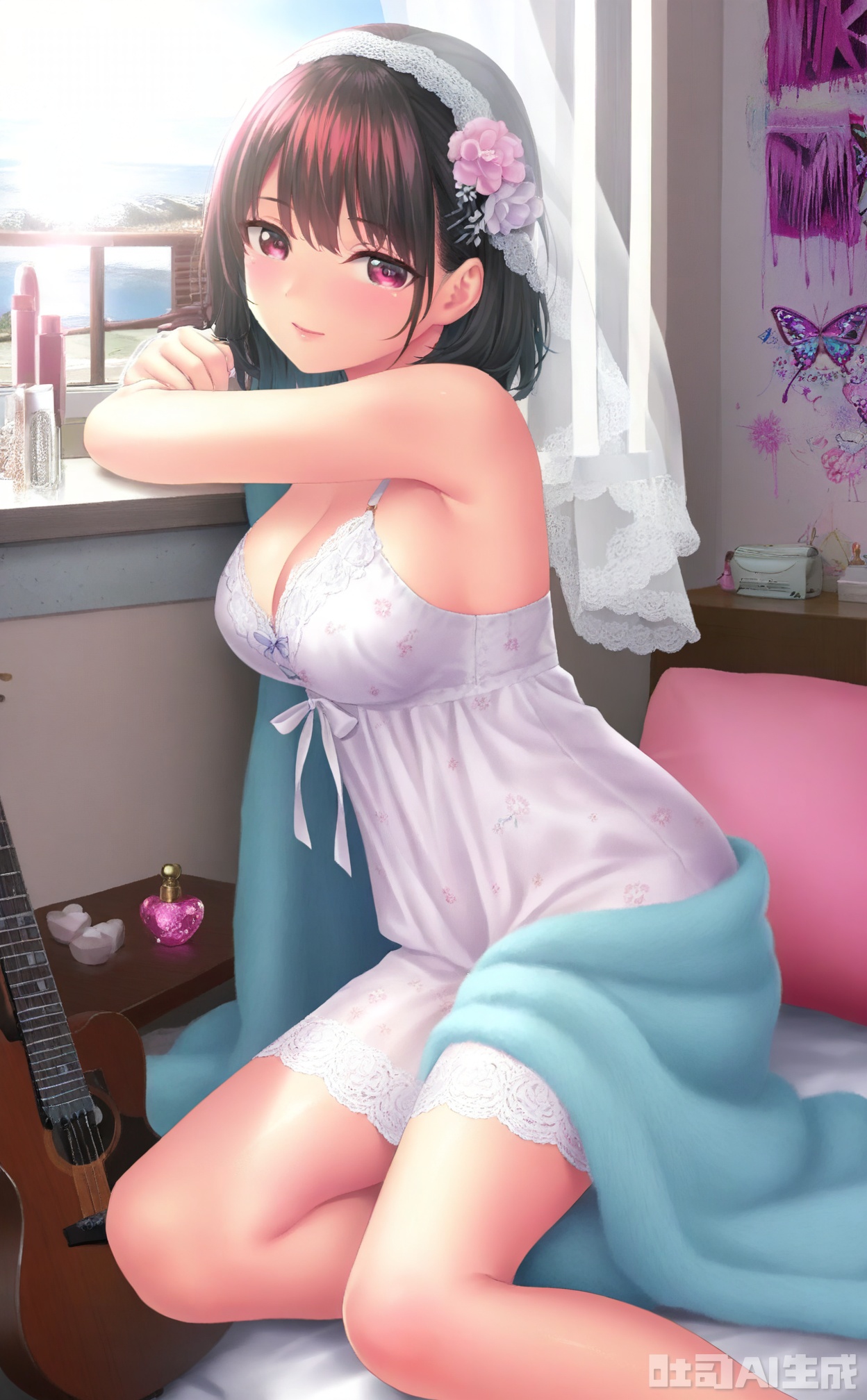 Scene: The girl's boudoir is covered by a light pink gauze curtain, and the sun shines mottled light and shadow through the lace curtains. The walls are covered with hand-painted graffiti and idol posters, and bow hair accessories, perfume bottles and unwritten diaries are placed on the wooden dressing table. The bay window is covered with plush carpets, colorful pillows are piled up, and the guitar in the corner is leaning against the wall.​Character: The 15-year-old girl is wearing a white lace suspender nightgown, with pink flower embroidery and a light purple silk bow tied around her waist. She knelt on the bay window, looking out the window with her face on her face, her hair was gently blown up by the breeze, and her right hand was unconsciously curled up with a strand of hair, with a hint of confusion and expectation in her eyes. A light blue knitted shawl was placed on her bare shoulders, adding a hint of laziness.​Atmosphere: The soft pink tones and hazy veil create a dreamy and sweet atmosphere. The girl's thoughtful expression seems to hide unknown little things.​Parameters: 8K resolution, f/2.8 aperture, shutter speed 1/125s, ISO 125, using a 50mm lens, side backlight shooting, enhance the translucent texture of the veil, increase the pink saturation by 15%, add 10% soft focus effect, highlight the dreamy feeling.
