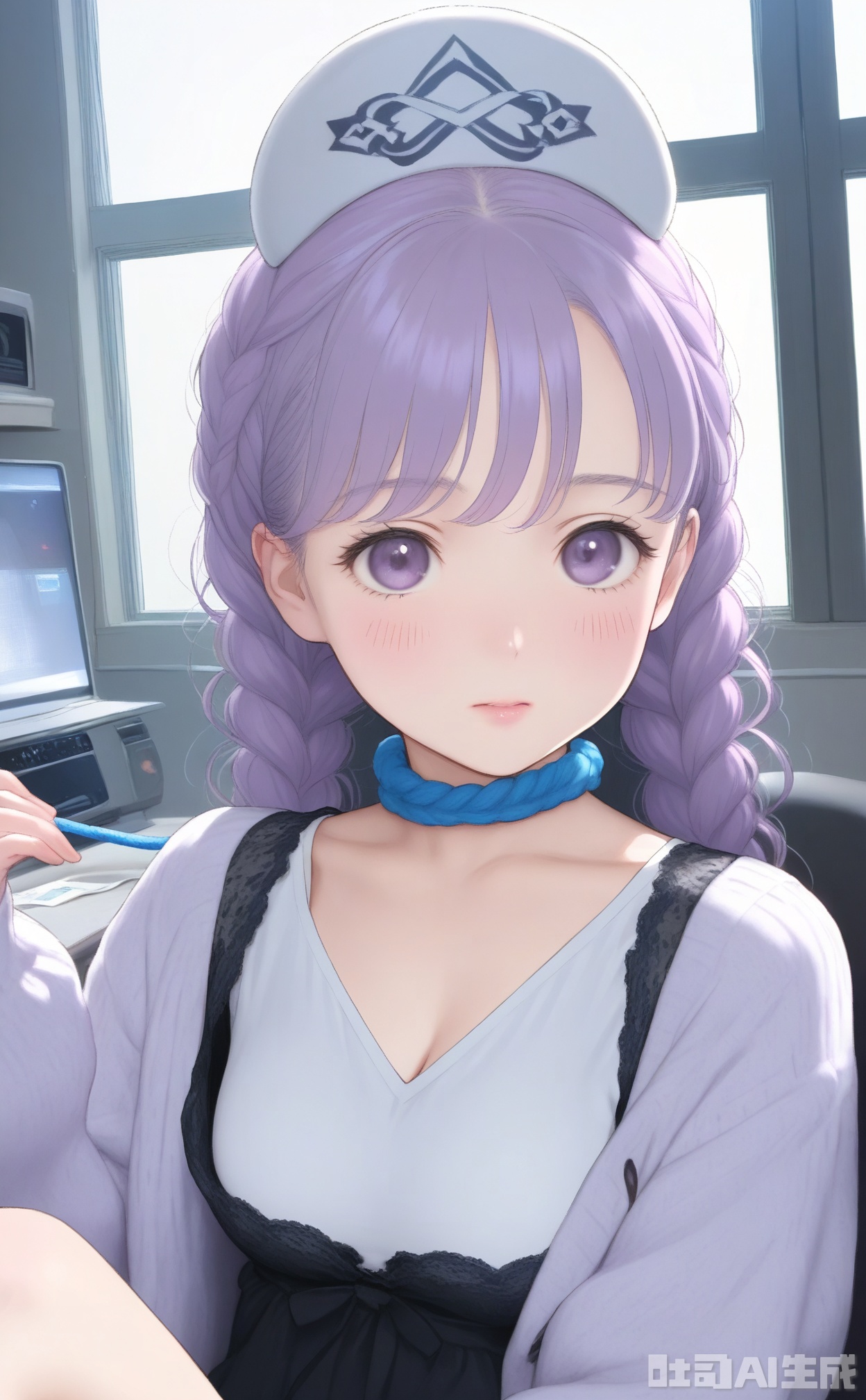 Scene: Simple interior space, pure white walls create a fresh and simple atmosphere, and light purple and black geometric patterns above add a bit of modern artistic sense to the picture. Character: The little girl is combed with two black and shiny braids, with simple blue rope tied to the ends. Wearing a plain white V-neck cardigan, the fabric is light and breathable, which fits the body and shows her innocence and rusticity. She sat quietly, her eyes clear and bright, and the corners of her lips were pursed, conveying unscrupulous innocence and tranquility, as if she hid all the simple and beautiful things in the world in her eyes. Atmosphere: With a simple and pure environment, it highlights the natural innocence of children, like a quiet short poem, full of freshness and purity. Parameters: 8K resolution, f/2.8 aperture, shutter speed 1/150s, ISO 100, use a 50mm lens, flat viewing angle to restore the realism, reduce 8% saturation to highlight the plainness, add 10% soft focus effect to enhance the soft atmosphere, retain the delicate texture of hair and clothing.
