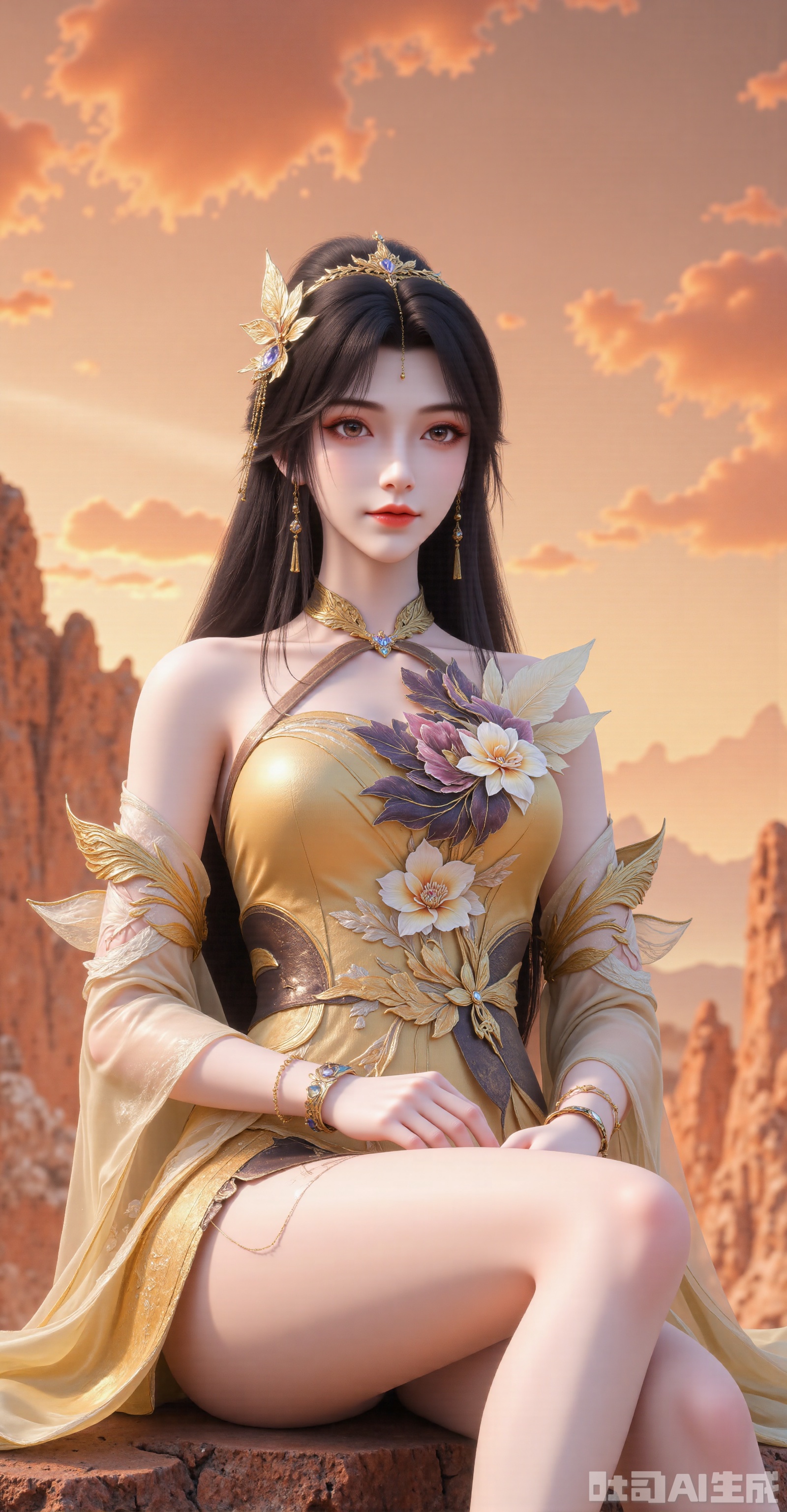 An elegant ancient-style woman with a gentle smile. Her long black hair cascades naturally, adorned with a golden leaf-patterned tiara that drapes delicate bead chains and tassels. Hollow golden flower earrings hang from her ears, and a multi-layered gold chain necklace rests around her neck. She wears a tan brocaded cross-collar ruqun (traditional Chinese gown), with three-dimensional camellia embroidery decorating the chest, cinched by a dark brown leather belt.
 
Seated on a stone, her slender legs are exposed as the perspective shifts from a low angle—focusing first on her legs and slowly moving upward. The backdrop features ochre-red danxia landforms, with warm orange twilight painting the clouds, creating an overall classical fantasy atmosphere. The woman tilts her head slightly, gazing softly into the distance.
 
In 8K ultra-clear gongbi (meticulous brushwork) style, material details include matte silk, aged metal, and suede leather.