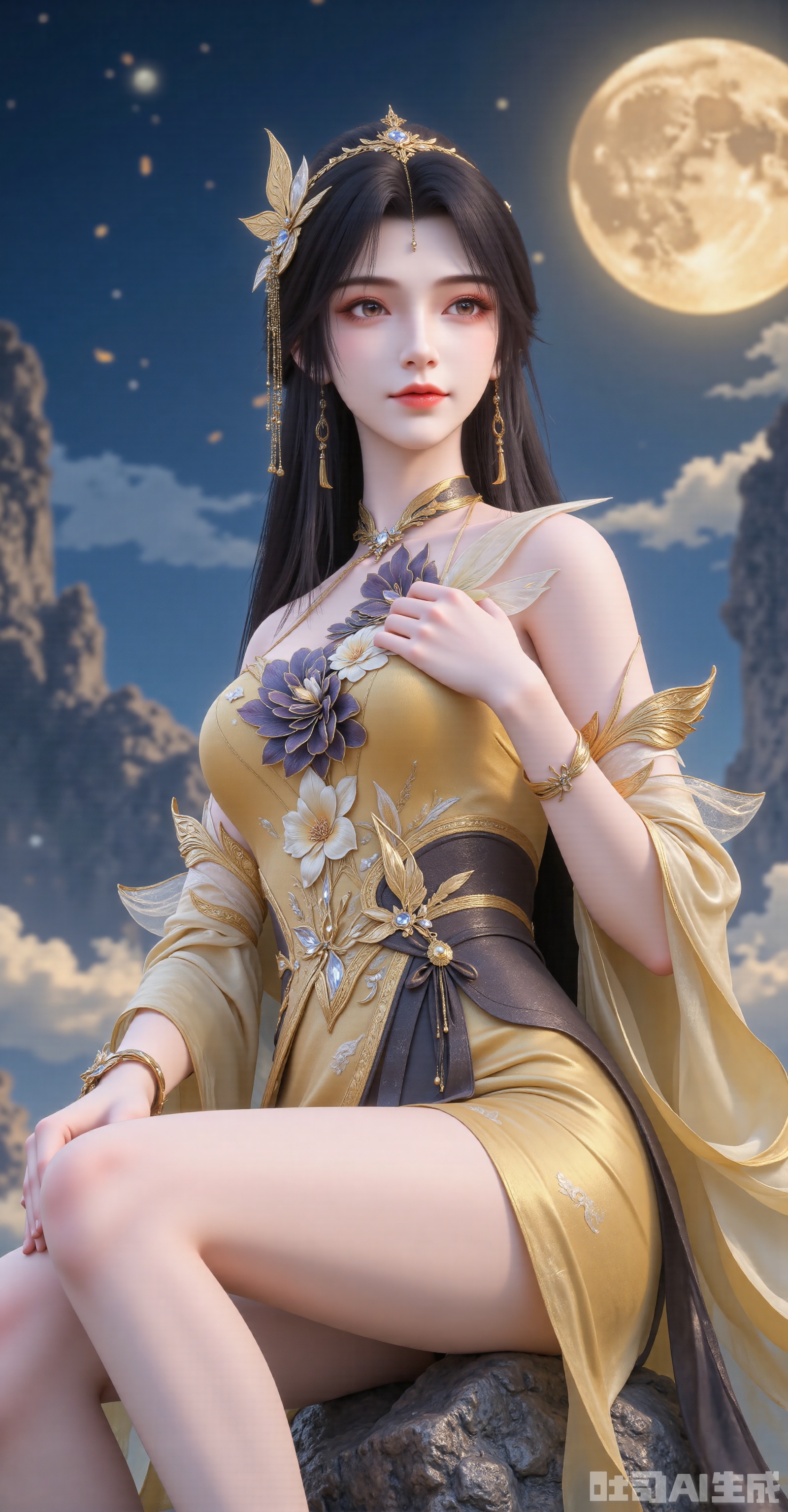 An elegant ancient-style woman with a gentle smile. Her long black hair falls naturally, adorned with a golden leaf-patterned coronet from which fine pearl chains and tassels hang. Hollow golden flower earrings dangle from her ears, and a multi-layered gold chain necklace encircles her neck. She wears a yellowish-brown brocaded cross-collar ruqun (traditional Han clothing), with three-dimensional camellia embroidery decorating the chest, cinched at the waist by a dark brown leather belt.
 
Seated on a stone, her slender legs are exposed as the perspective shifts from a low angle—focusing first on her legs and gradually moving upward. The backdrop features a danxia landform under a night sky, where a huge golden moon hangs. The overall atmosphere is classical and fantastical. The woman tilts her head slightly, gazing tenderly into the distance with a gentle眼神(eyes). In 8K ultra-clear gongbi (meticulous brushwork) style, material details include matte silk, aged metal, and suede leather.