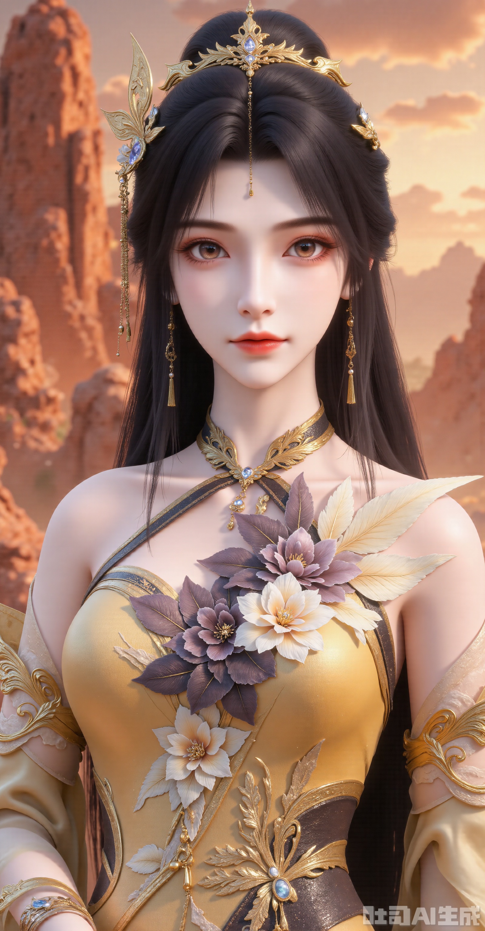 wx"Graceful ancient Chinese lady with raven waist-length hair, wearing gold leaf-motif crown with bead tassels, filigree floral earrings, layered chain necklaces. Dressed in amber-gold brocade hanfu with 3D camellia embroidery, dark brown leather waist belt. Background of vermilion sandstone landforms under warm sunset glow, classical xianxia atmosphere. Soft sidelong gaze with gentle expression, 8K ultra-detailed gongbi style, material textures: matte silk/antique metal/suede leather"