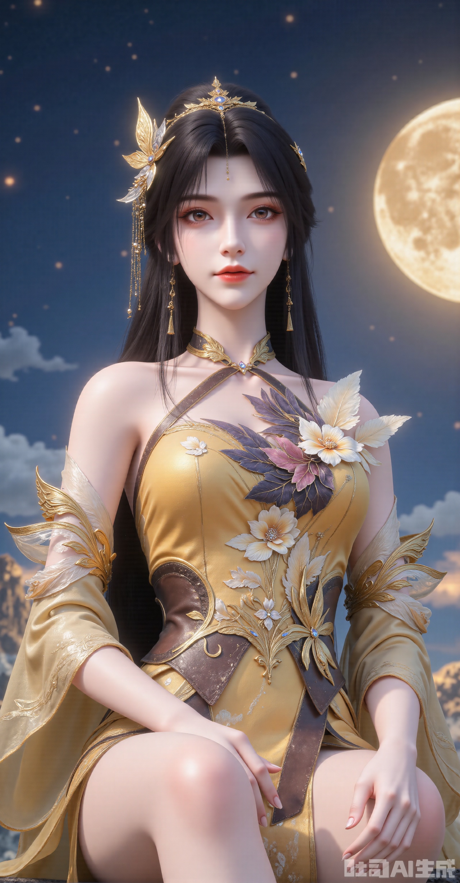 An elegant ancient-style woman with a gentle smile. Her long black hair falls naturally, adorned with a golden leaf-patterned coronet from which fine pearl chains and tassels hang. Hollow golden flower earrings dangle from her ears, and a multi-layered gold chain necklace encircles her neck. She wears a yellowish-brown brocaded cross-collar ruqun (traditional Han clothing), with three-dimensional camellia embroidery decorating the chest, cinched at the waist by a dark brown leather belt.
 
Seated on a stone, her slender legs are exposed as the perspective shifts from a low angle—focusing first on her legs and gradually moving upward. The backdrop features a danxia landform under a night sky, where a huge golden moon hangs. The overall atmosphere is classical and fantastical. The woman tilts her head slightly, gazing tenderly into the distance with a gentle眼神(eyes). In 8K ultra-clear gongbi (meticulous brushwork) style, material details include matte silk, aged metal, and suede leather.