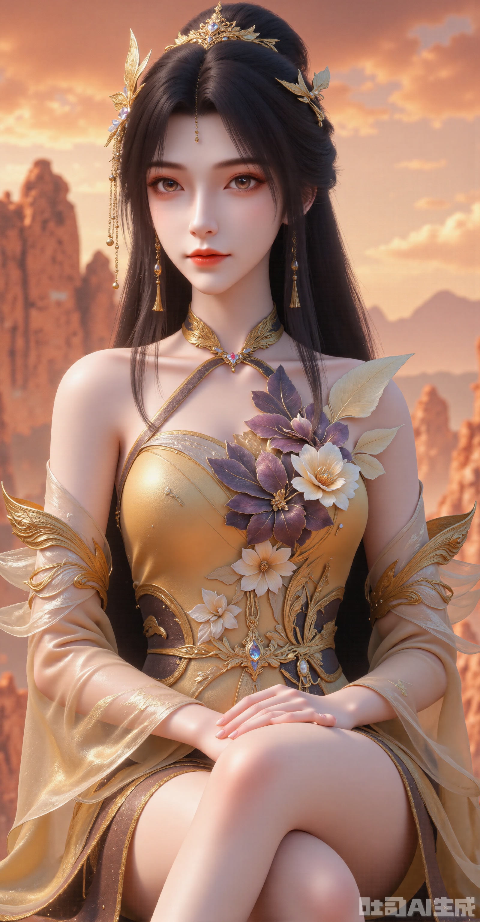 An elegant ancient-style woman with a gentle smile. Her long black hair cascades naturally, adorned with a golden leaf-patterned tiara that drapes delicate bead chains and tassels. Hollow golden flower earrings hang from her ears, and a multi-layered gold chain necklace rests around her neck. She wears a tan brocaded cross-collar ruqun (traditional Chinese gown), with three-dimensional camellia embroidery decorating the chest, cinched by a dark brown leather belt.
 
Seated on a stone, her slender legs are exposed as the perspective shifts from a low angle—focusing first on her legs and slowly moving upward. The backdrop features ochre-red danxia landforms, with warm orange twilight painting the clouds, creating an overall classical fantasy atmosphere. The woman tilts her head slightly, gazing softly into the distance.
 
In 8K ultra-clear gongbi (meticulous brushwork) style, material details include matte silk, aged metal, and suede leather.