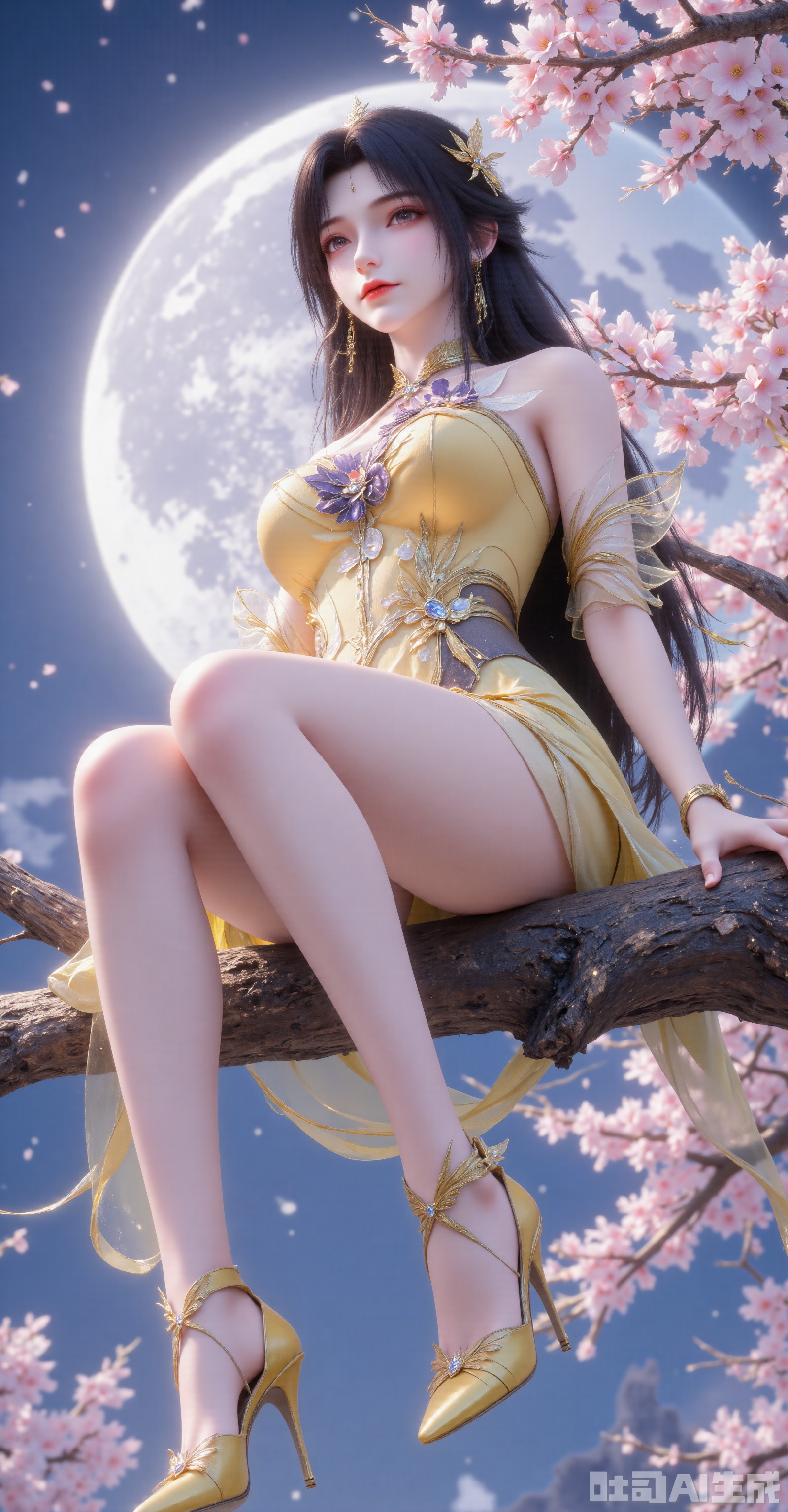 A sweet and energetic lolita girl with long black hair wears a yellow layered lace dress, a gentle smile curving her lips. She sits on the branches of a cherry blossom tree with legs exposed, and the perspective rises from below—starting at her slender, mature-style legs, then moving upward slowly. She dons yellow pointed high-heels, revealing a lightweight tech aesthetic. Her graceful figure exudes both elegance and the agile charm of an elf. The background is a night scene, where a huge snowy white moon hangs in the sky, stars twinkling, seamlessly blending sci-fi and fantasy atmospheres. Rendered in 8K HD, the image showcases soft lighting and metallic reflection effects in a cyber-fantasy style.