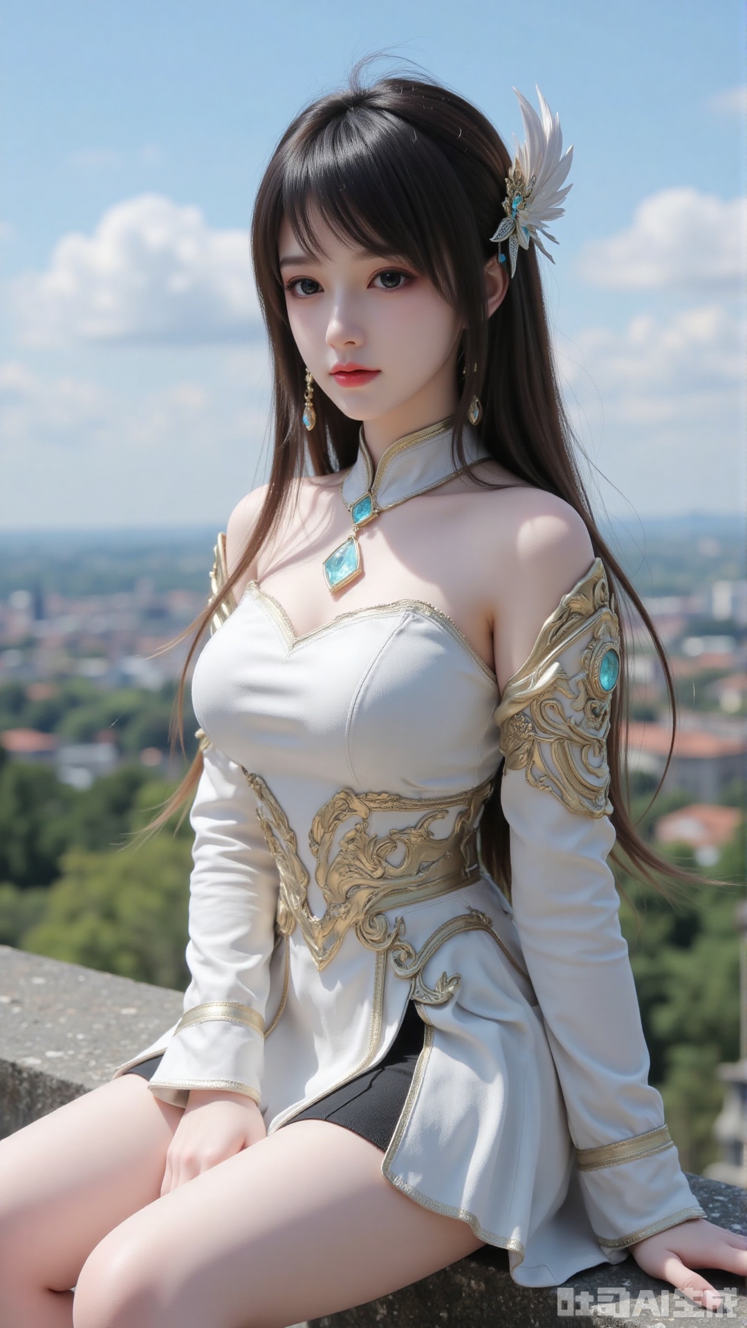 1girl, long hair, solo, dress, hair bun, hair ornament, mischevious smile, perfect body, scenery, sharp focus, best quality, masterpiece, detailed outfit, illustration, perfect eyes, finely detailed beautiful anime eyes, realistic skin, intricate details, best lighting, depth of field, ultra high resolution, sitting