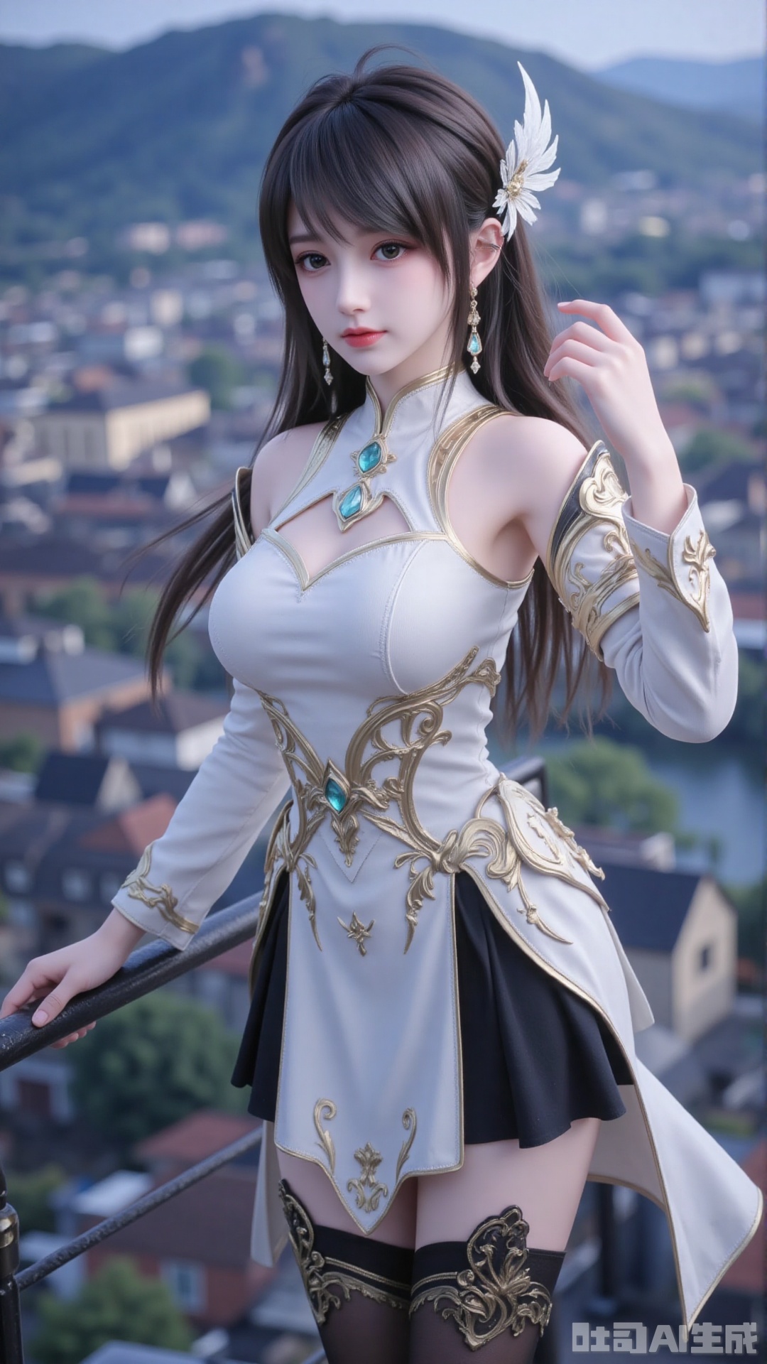 1girl, long hair, solo, dress, hair bun, hair ornament, mischevious smile, perfect body, scenery, sharp focus, best quality, masterpiece, detailed outfit, illustration, perfect eyes, finely detailed beautiful anime eyes, realistic skin, intricate details, best lighting, depth of field, ultra high resolution,cowboy_shot