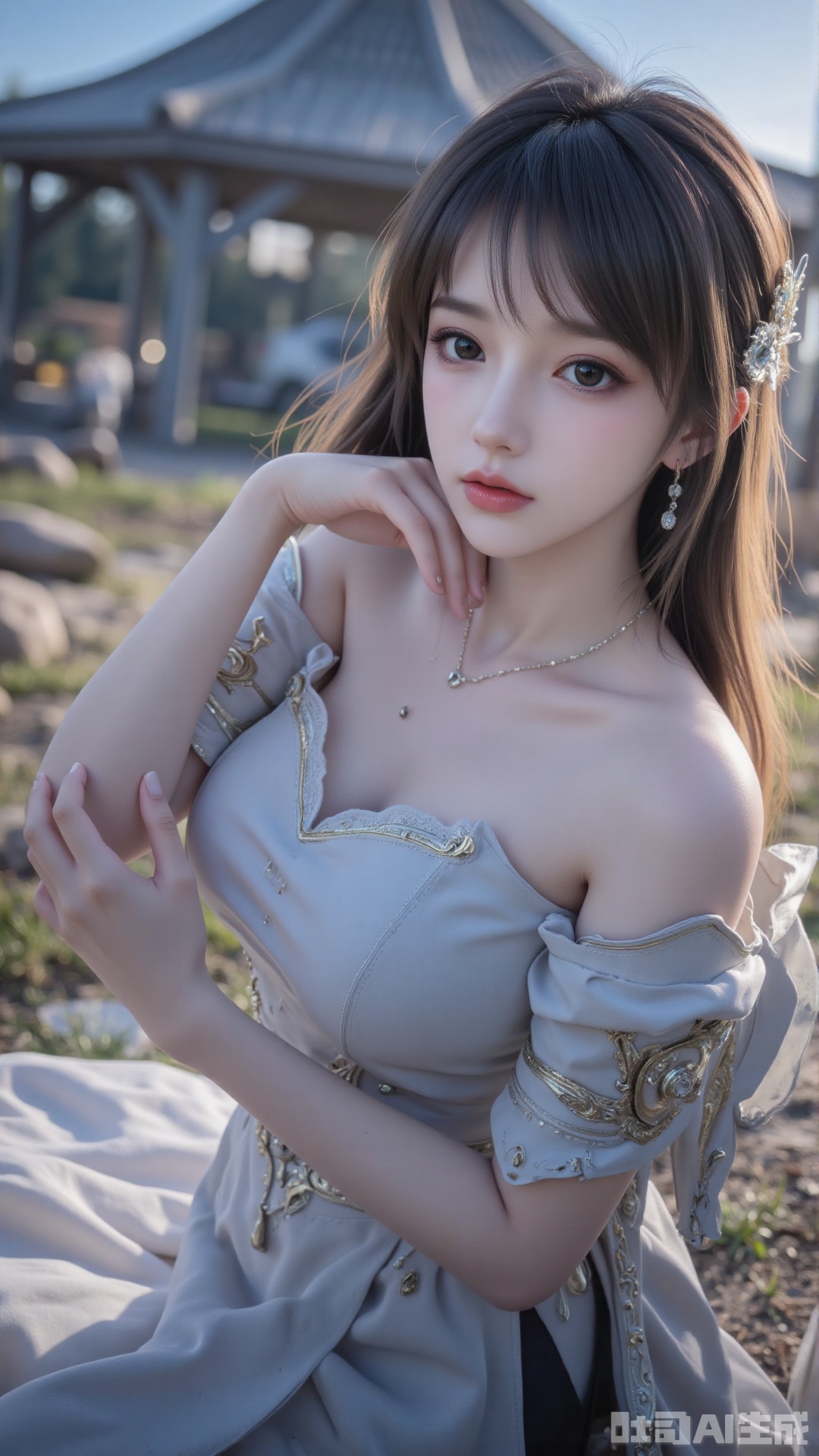1girl, long hair, solo, dress, hair bun, hair ornament, mischevious smile, perfect body, scenery, sharp focus, best quality, masterpiece, detailed outfit, illustration, perfect eyes, finely detailed beautiful anime eyes, realistic skin, intricate details, best lighting, depth of field, ultra high resolution,cowboy_shot