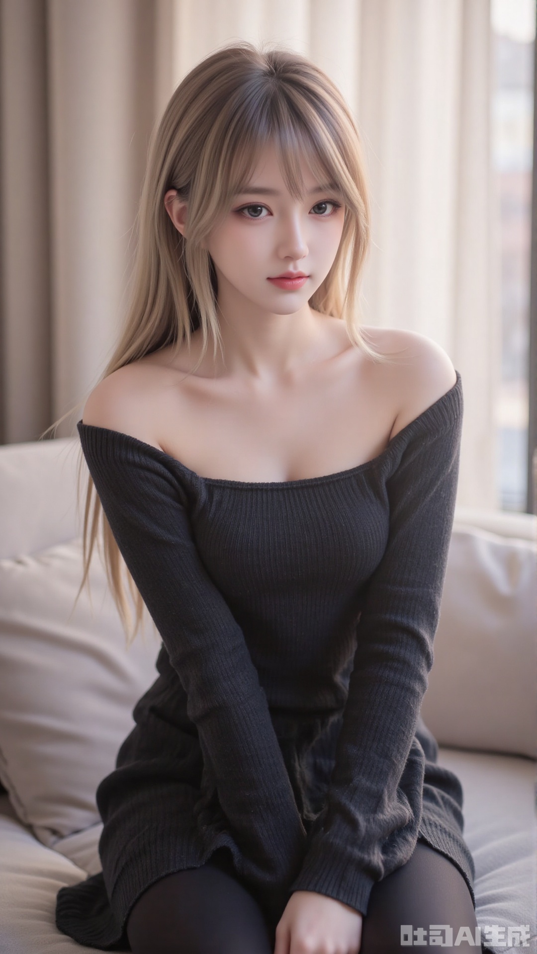 1girl, solo, long hair, looking at viewer, smile, sitting, collarbone, off shoulder, sweater, messy hair, realistic