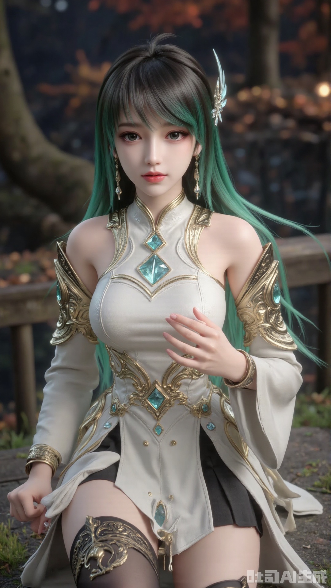 1girl, long hair, solo, dress, hair bun, hair ornament, mischevious smile, perfect body, scenery, sharp focus, best quality, masterpiece, detailed outfit, illustration, perfect eyes, finely detailed beautiful anime eyes, realistic skin, intricate details, best lighting, depth of field, ultra high resolution, sitting
