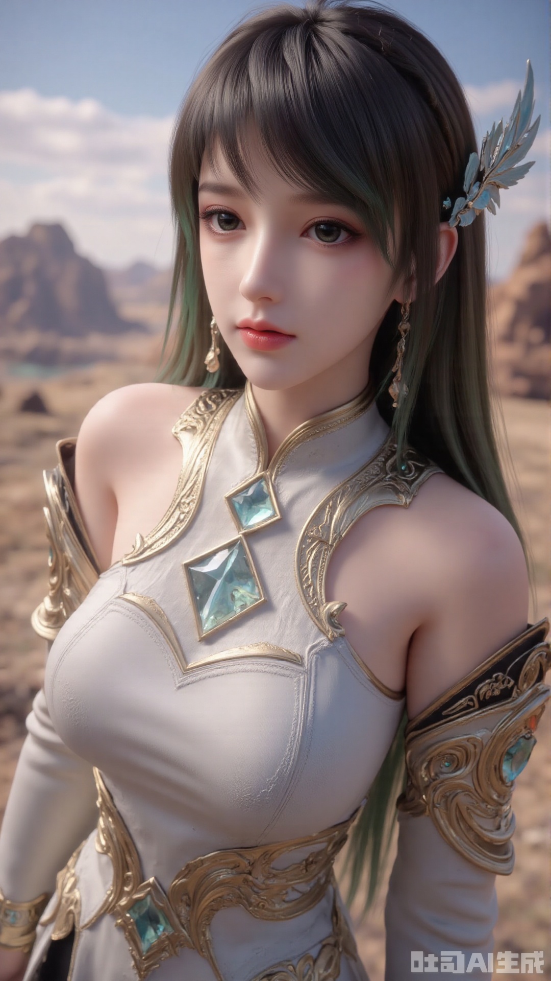 1girl, long hair, solo, dress, hair bun, hair ornament, mischevious smile, perfect body, scenery, sharp focus, best quality, masterpiece, detailed outfit, illustration, perfect eyes, finely detailed beautiful anime eyes, realistic skin, intricate details, best lighting, depth of field, ultra high resolution,cowboy_shot