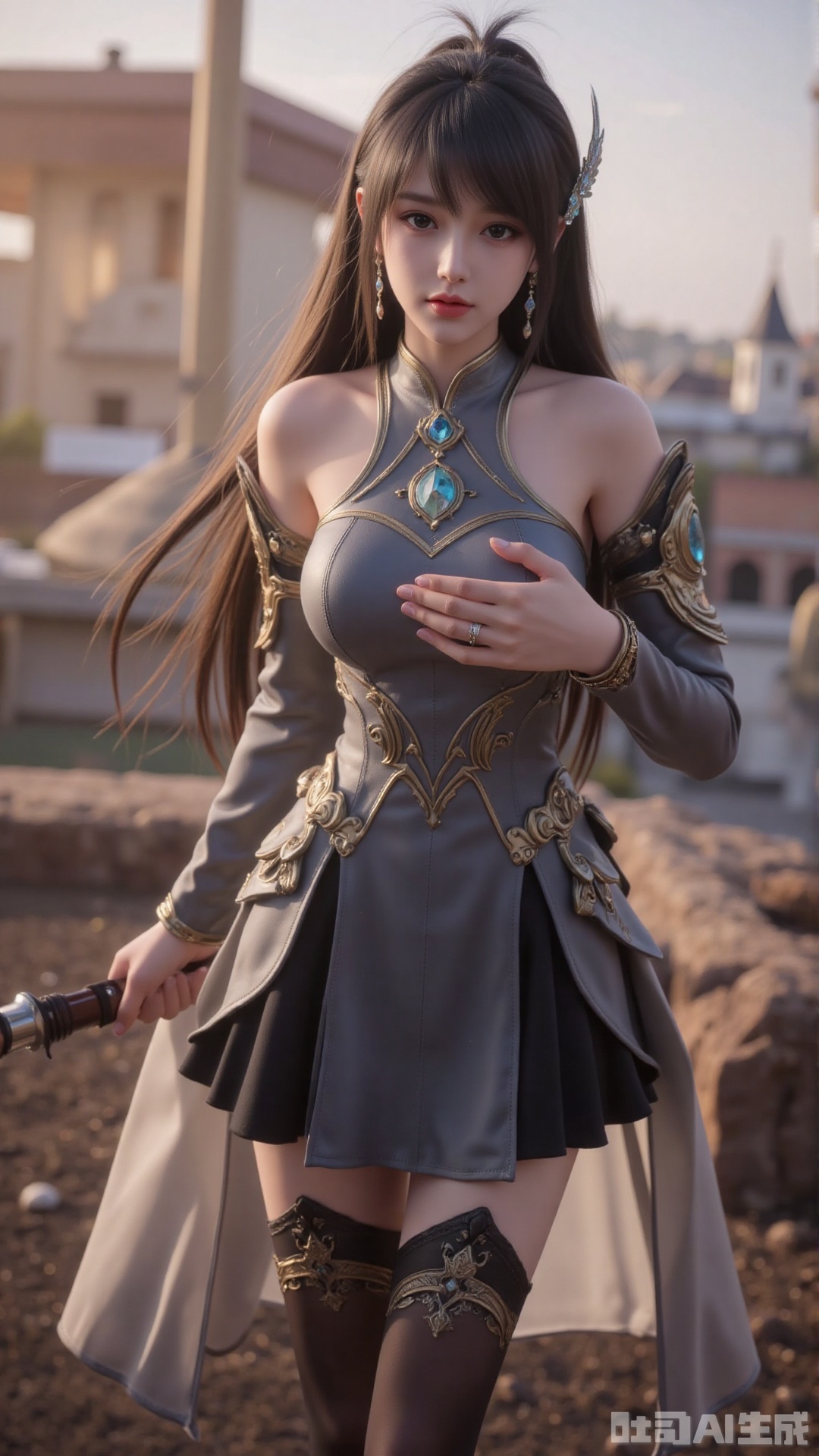 1girl, long hair, solo, dress, hair bun, hair ornament, mischevious smile, perfect body, scenery, sharp focus, best quality, masterpiece, detailed outfit, illustration, perfect eyes, finely detailed beautiful anime eyes, realistic skin, intricate details, best lighting, depth of field, ultra high resolution,cowboy_shot